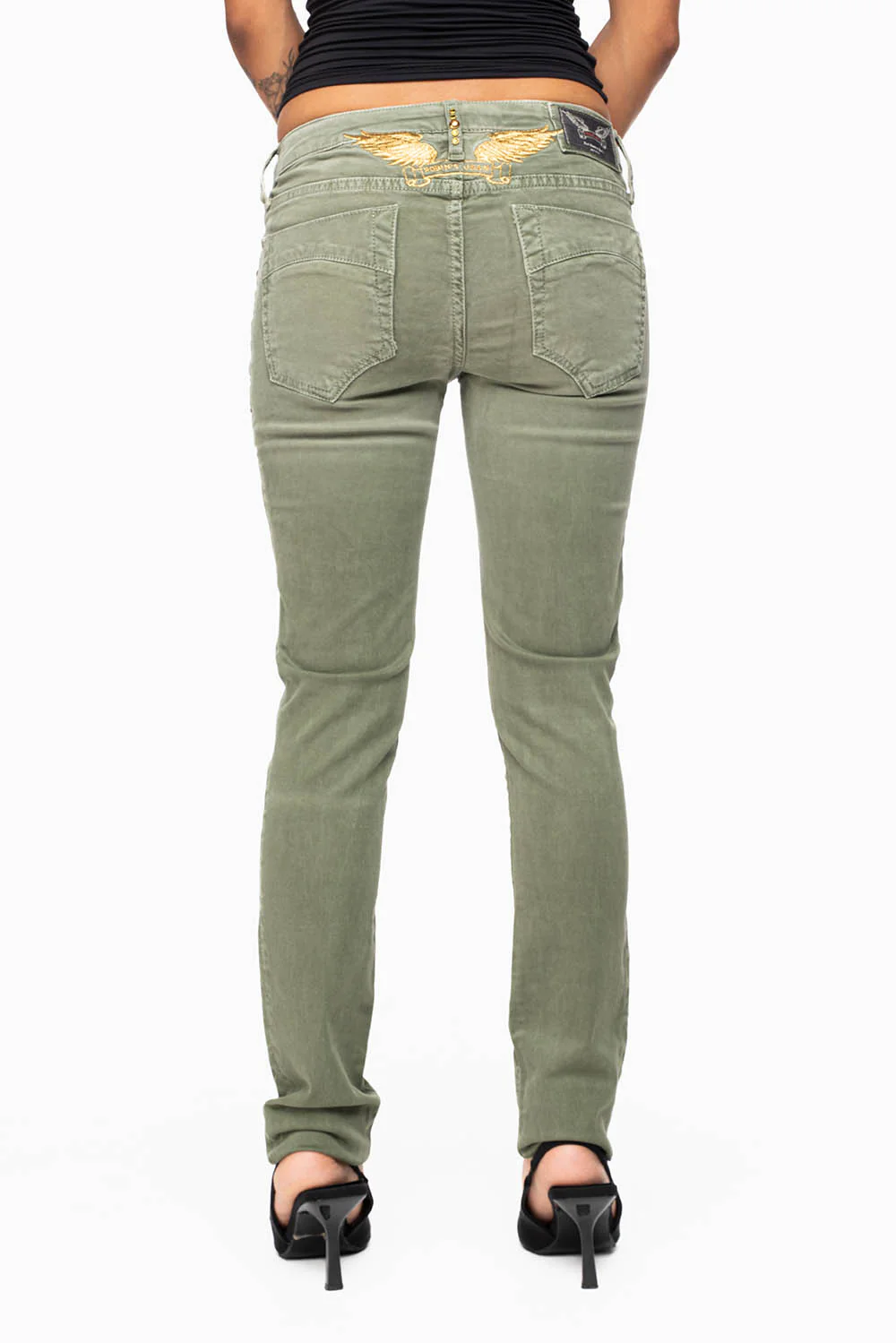 MARILYN WOMENS SKINNY JEANS IN PIGMENT SPRAY GREEN ARMY WITH GOLD WINGS EMBELLISHED WITH CRYSTALS & STUDS - Image 6