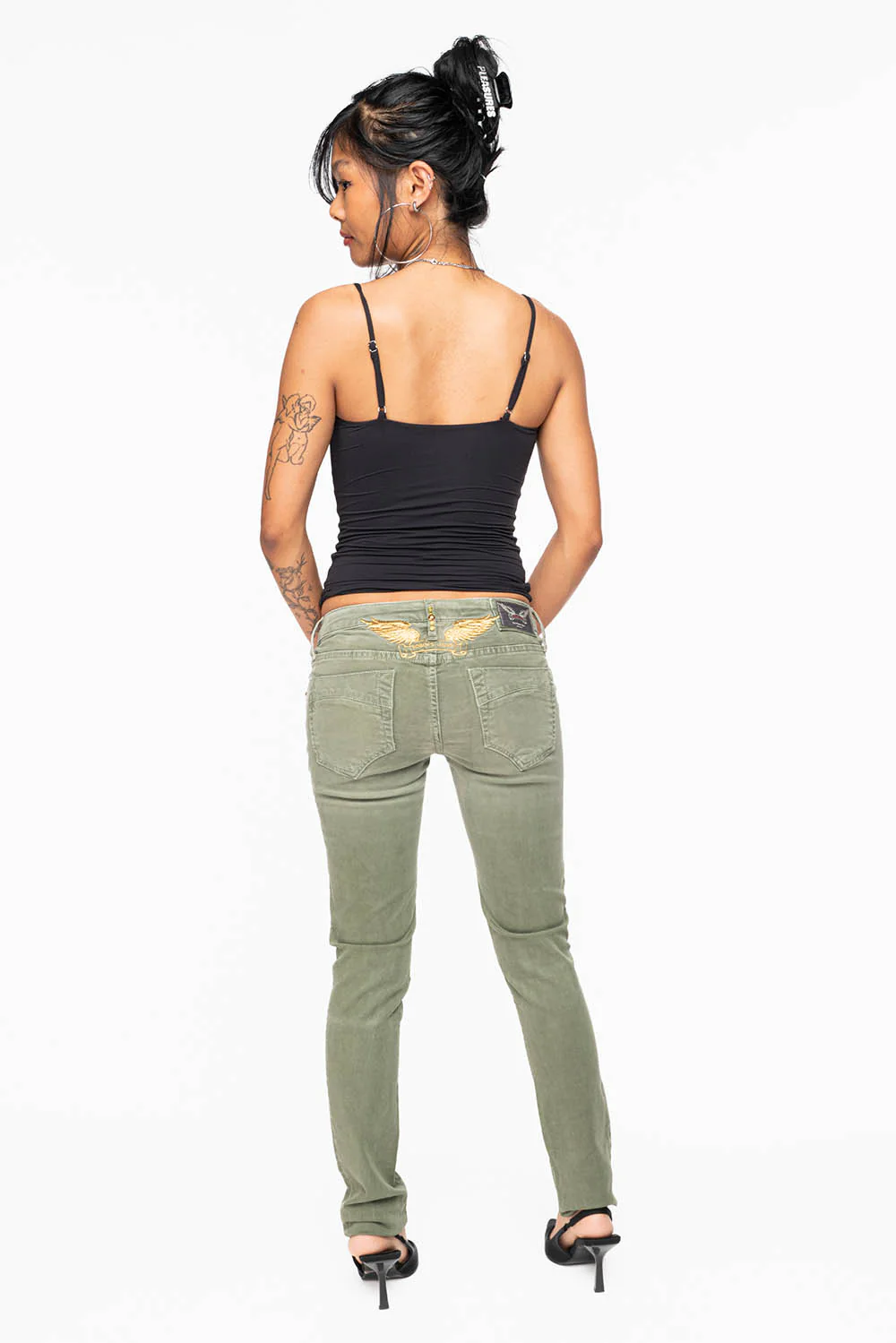 MARILYN WOMENS SKINNY JEANS IN PIGMENT SPRAY GREEN ARMY WITH GOLD WINGS EMBELLISHED WITH CRYSTALS & STUDS - Image 8