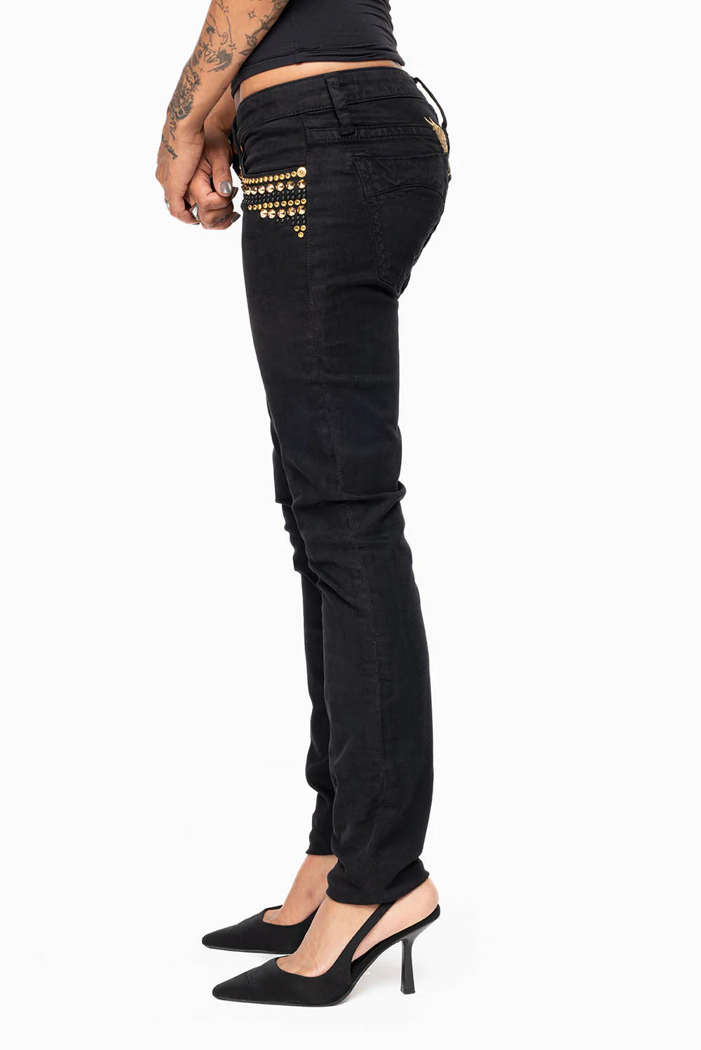 MARILYN WOMENS SKINNY JEANS IN PURE BLK WITH GOLD WINGS EMBELLISHED WITH CRYSTALS & STUDS - Image 3
