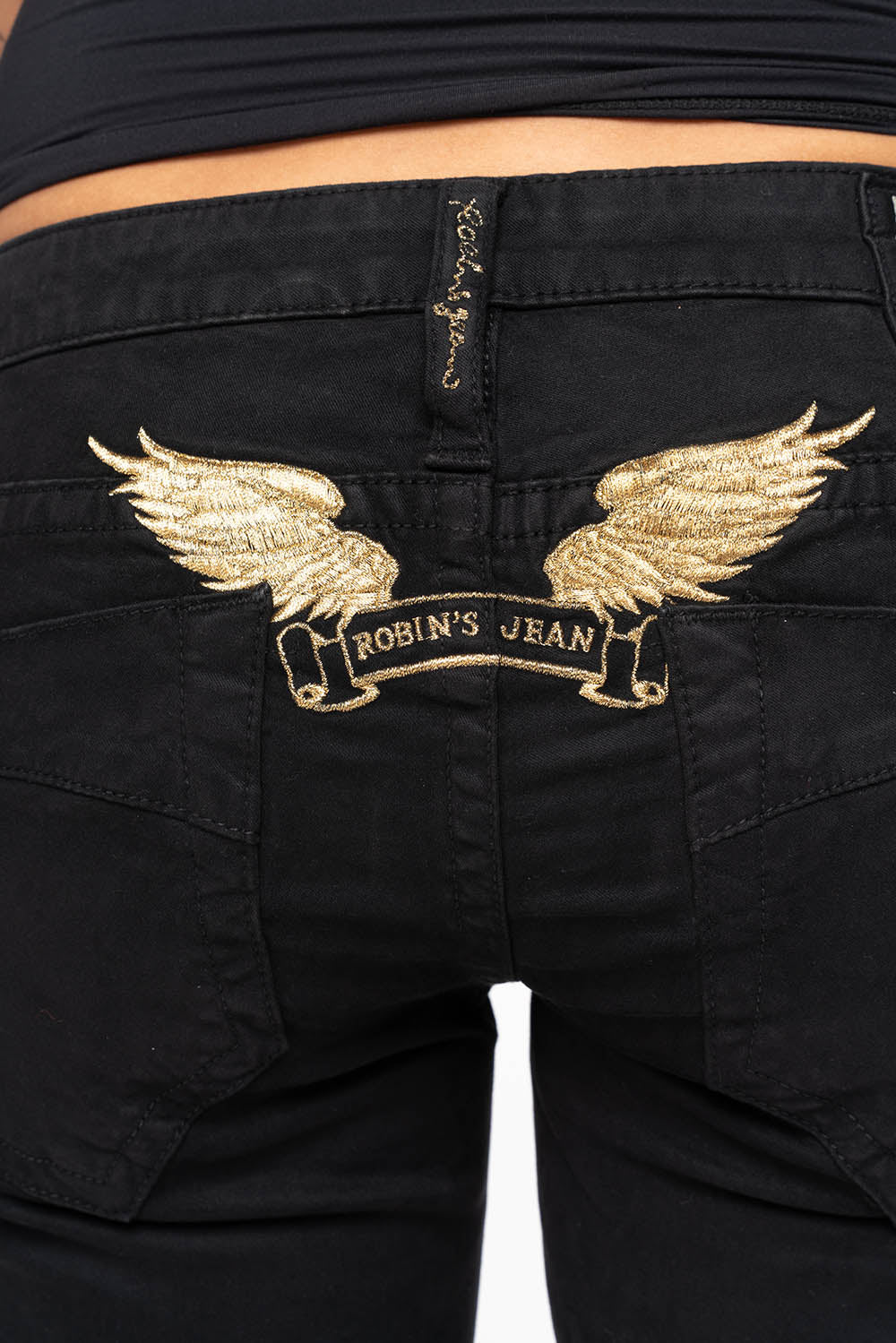 MARILYN WOMENS SKINNY JEANS IN PURE BLK WITH GOLD WINGS EMBELLISHED WITH CRYSTALS & STUDS - Image 4