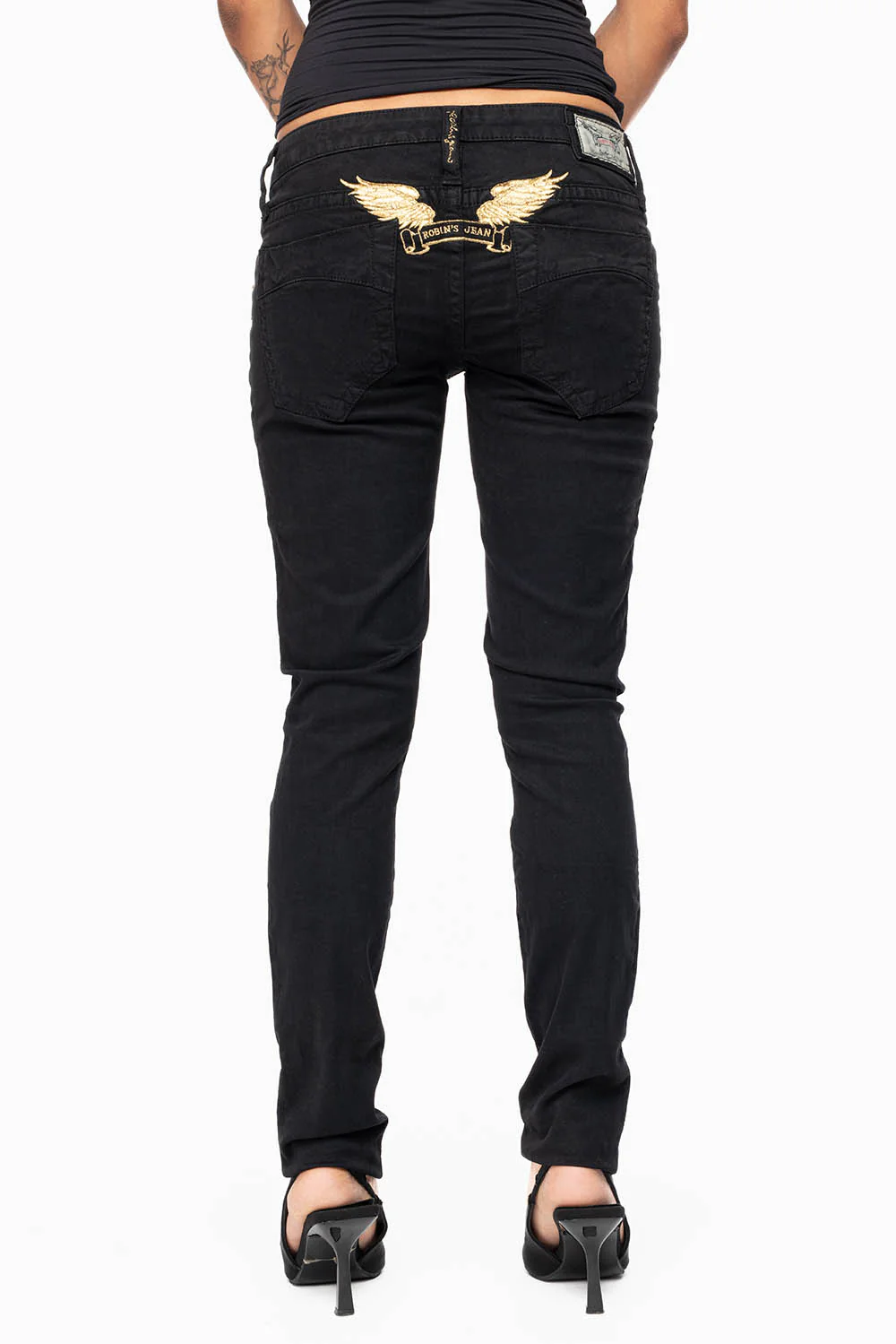 MARILYN WOMENS SKINNY JEANS IN PURE BLK WITH GOLD WINGS EMBELLISHED WITH CRYSTALS & STUDS - Image 5