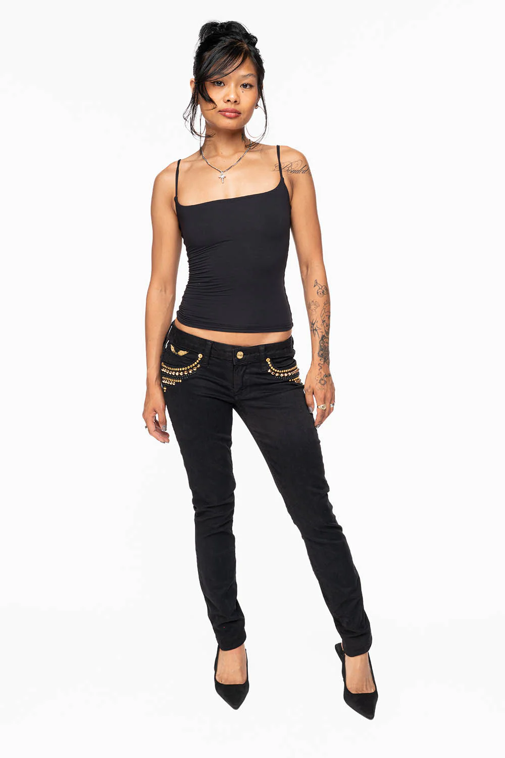 MARILYN WOMENS SKINNY JEANS IN PURE BLK WITH GOLD WINGS EMBELLISHED WITH CRYSTALS & STUDS - Image 6