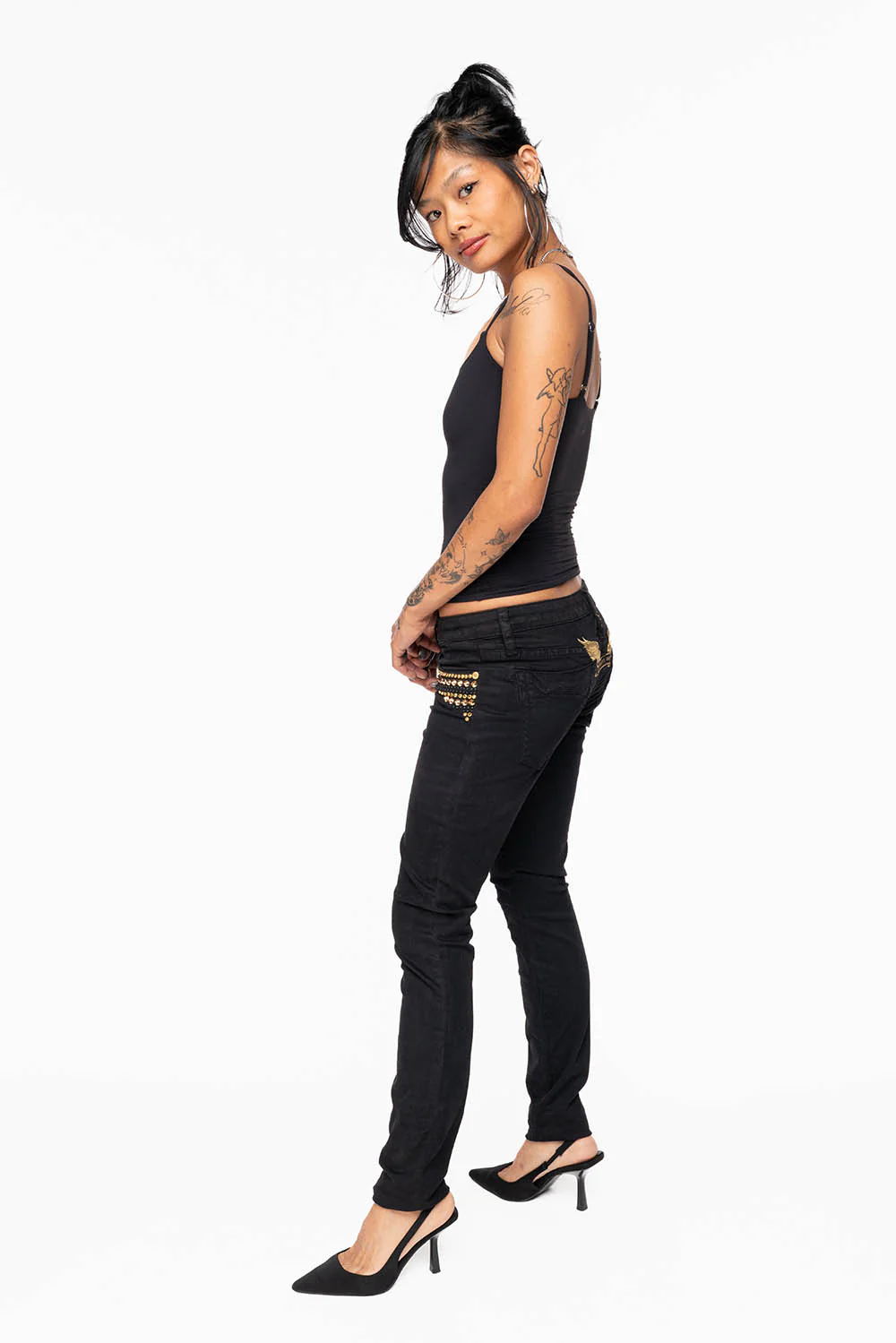 MARILYN WOMENS SKINNY JEANS IN PURE BLK WITH GOLD WINGS EMBELLISHED WITH CRYSTALS & STUDS - Image 7