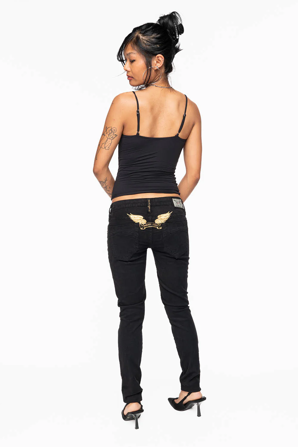 MARILYN WOMENS SKINNY JEANS IN PURE BLK WITH GOLD WINGS EMBELLISHED WITH CRYSTALS & STUDS - Image 8