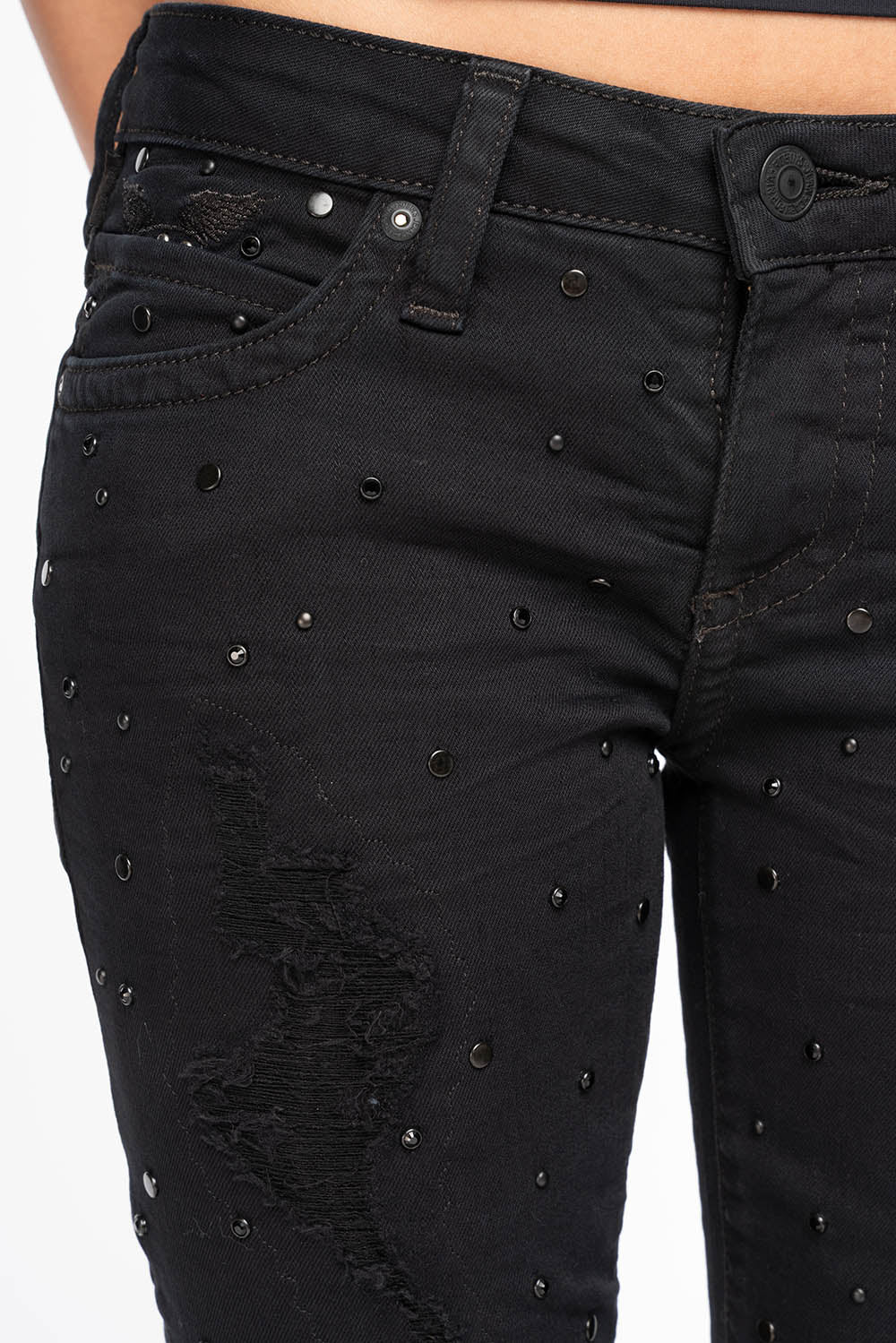 MARILYN WOMENS SKINNY JEANS IN REPAIRED PURE BLACK  WITH TONAL WINGS EMBELLISHED WITH CRYSTALS & STUDS - Image 2