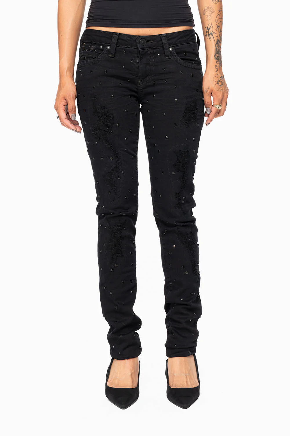 MARILYN WOMENS SKINNY JEANS IN REPAIRED PURE BLACK  WITH TONAL WINGS EMBELLISHED WITH CRYSTALS & STUDS - Image 3