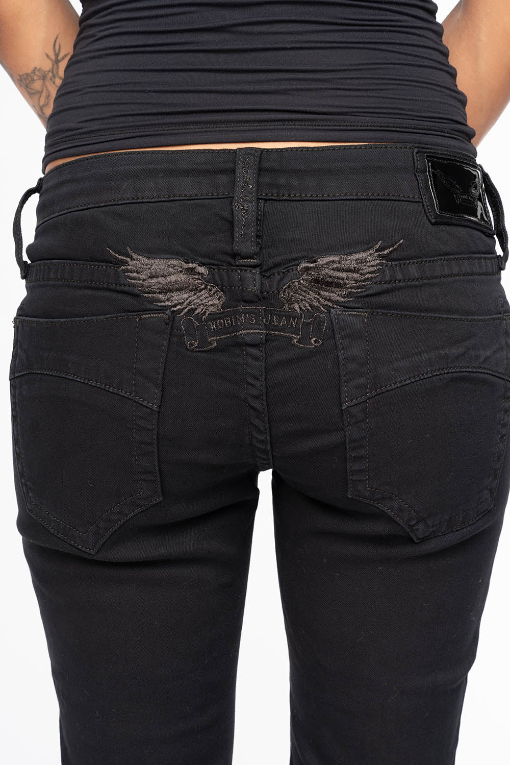 MARILYN WOMENS SKINNY JEANS IN REPAIRED PURE BLACK  WITH TONAL WINGS EMBELLISHED WITH CRYSTALS & STUDS - Image 4
