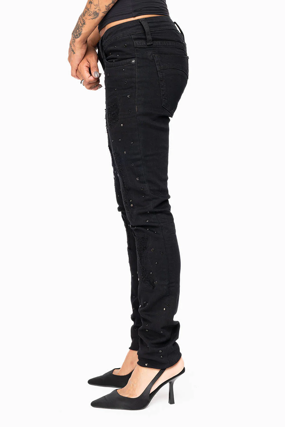 MARILYN WOMENS SKINNY JEANS IN REPAIRED PURE BLACK  WITH TONAL WINGS EMBELLISHED WITH CRYSTALS & STUDS - Image 5
