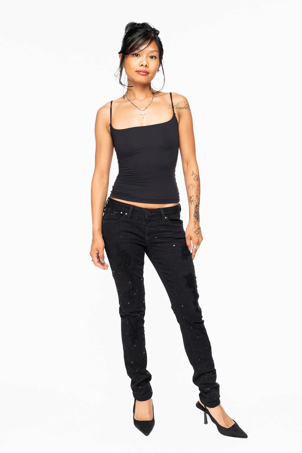 MARILYN WOMENS SKINNY JEANS IN REPAIRED PURE BLACK  WITH TONAL WINGS EMBELLISHED WITH CRYSTALS & STUDS - Image 7