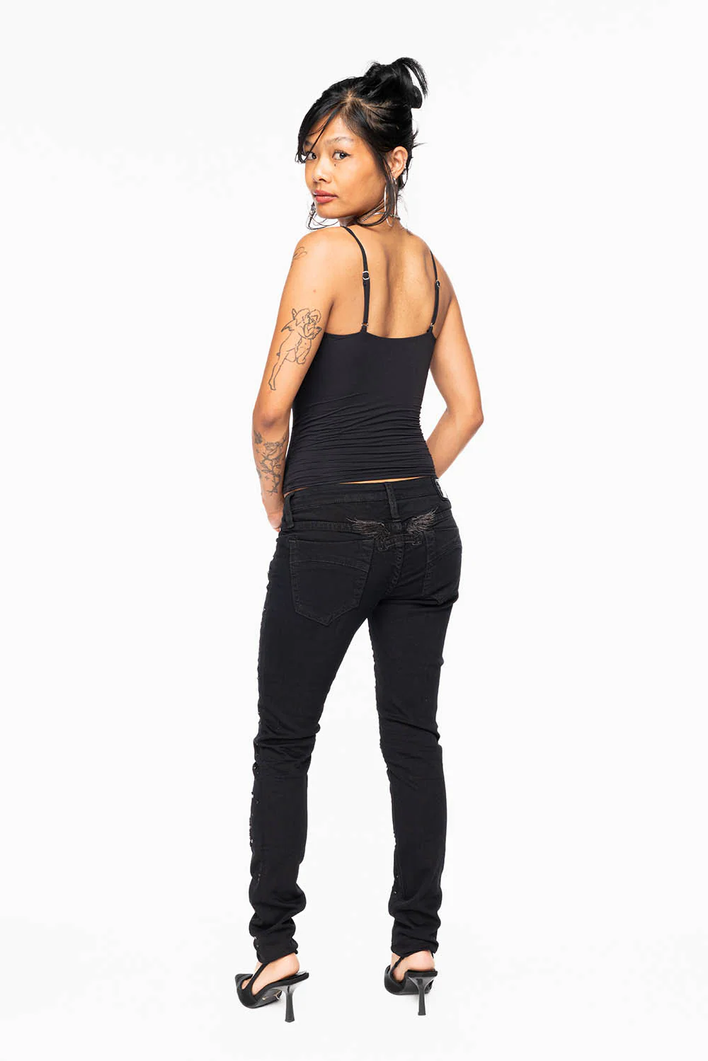 MARILYN WOMENS SKINNY JEANS IN REPAIRED PURE BLACK  WITH TONAL WINGS EMBELLISHED WITH CRYSTALS & STUDS - Image 8