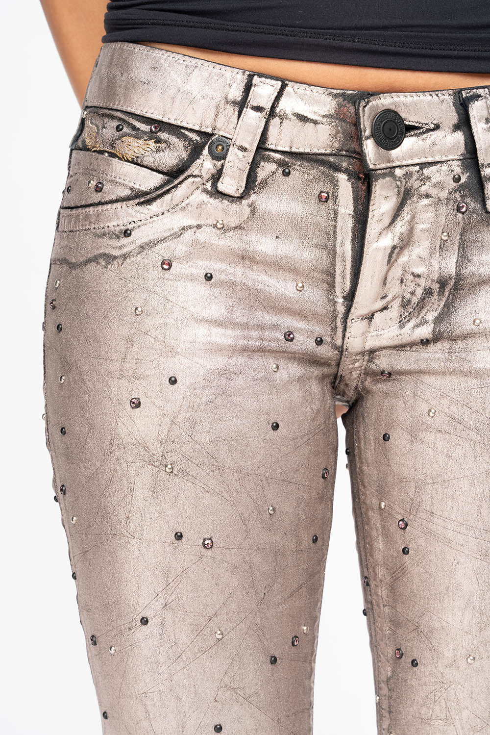 MARILYN WOMENS SKINNY JEANS IN SUN RISE GOLD COATING  WITH TONAL WINGS EMBELLISHED WITH CRYSTALS & STUDS - Image 2