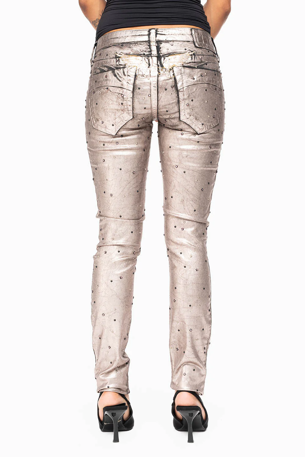 MARILYN WOMENS SKINNY JEANS IN SUN RISE GOLD COATING  WITH TONAL WINGS EMBELLISHED WITH CRYSTALS & STUDS - Image 5