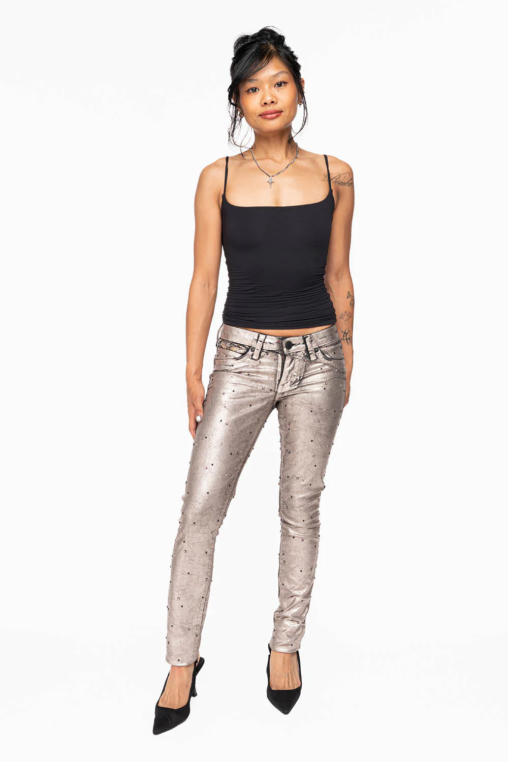 MARILYN WOMENS SKINNY JEANS IN SUN RISE GOLD COATING  WITH TONAL WINGS EMBELLISHED WITH CRYSTALS & STUDS - Image 6