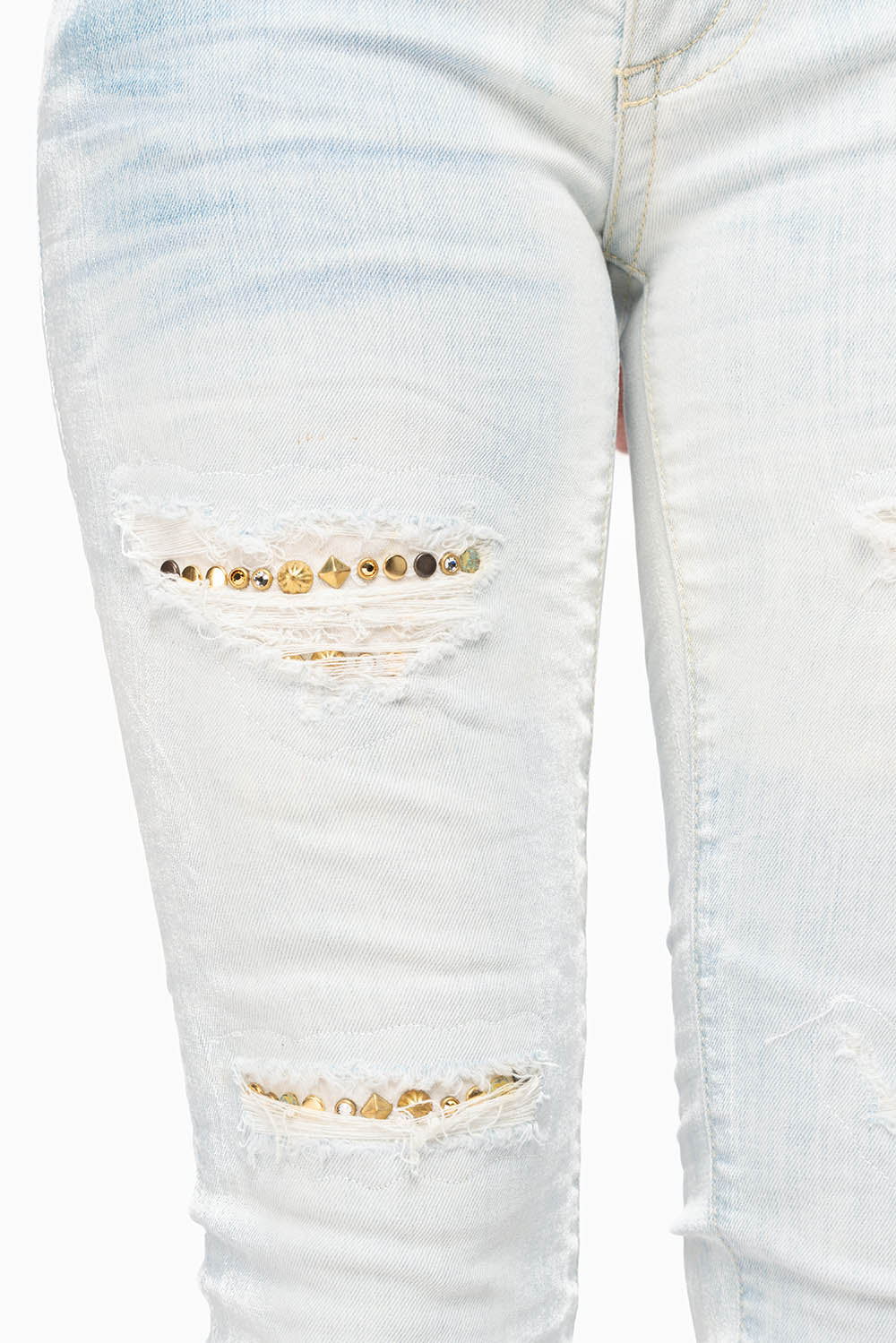 MARILYN WOMENS SKINNY NICOLE LIGHT BROKEN REPAIRED  WASH EMBELLISHED WITH STUDS & CRYSTALS - Image 2