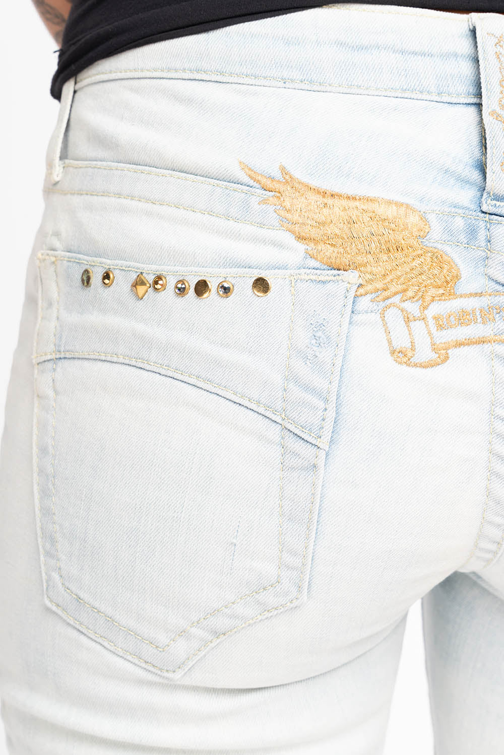 MARILYN WOMENS SKINNY NICOLE LIGHT BROKEN REPAIRED  WASH EMBELLISHED WITH STUDS & CRYSTALS - Image 4