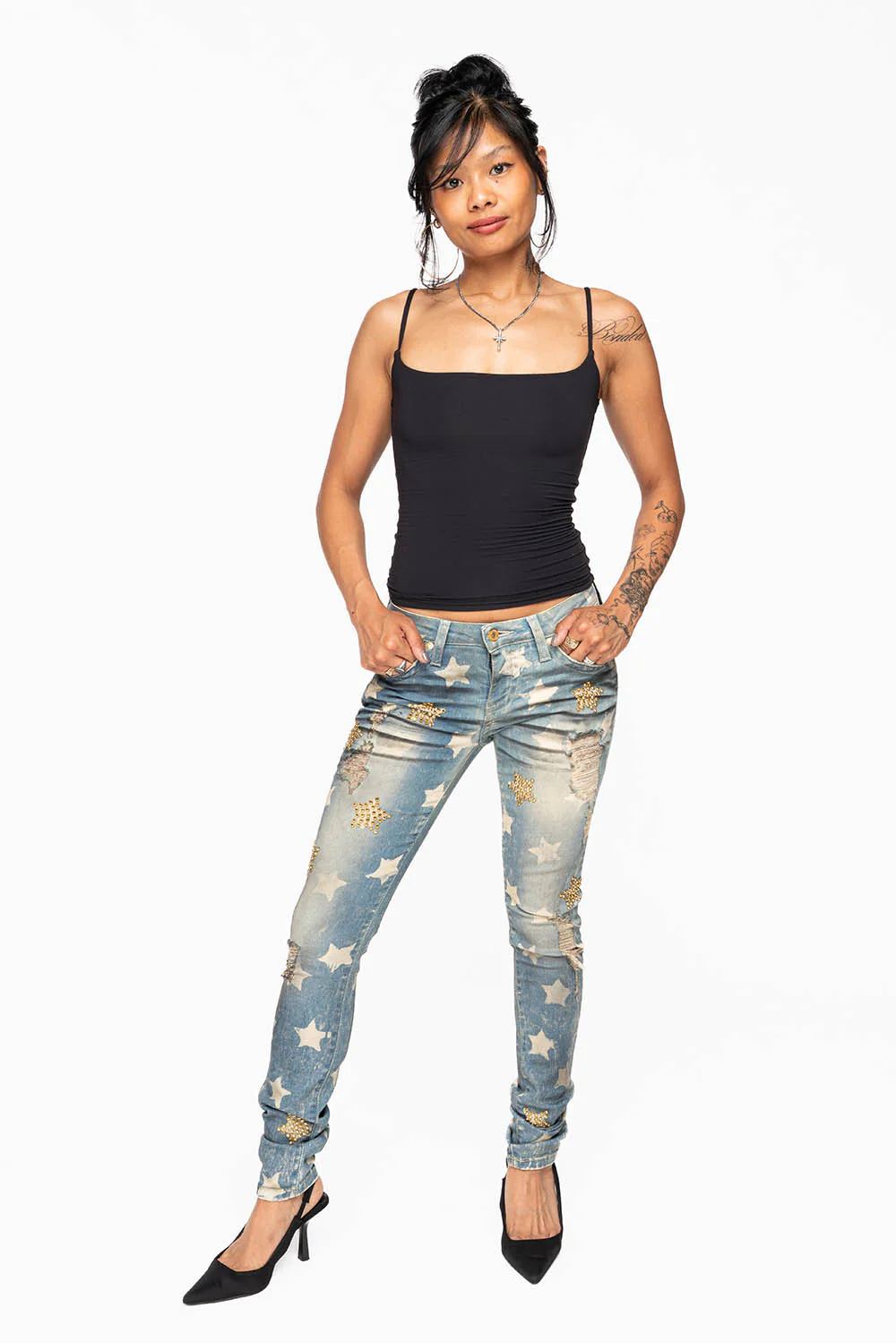 MARILYN WOMENS SKINNY PATRICE 3D DRK BROKEN WASH EMBELLISHED WITH CRYSTALS - Image 8