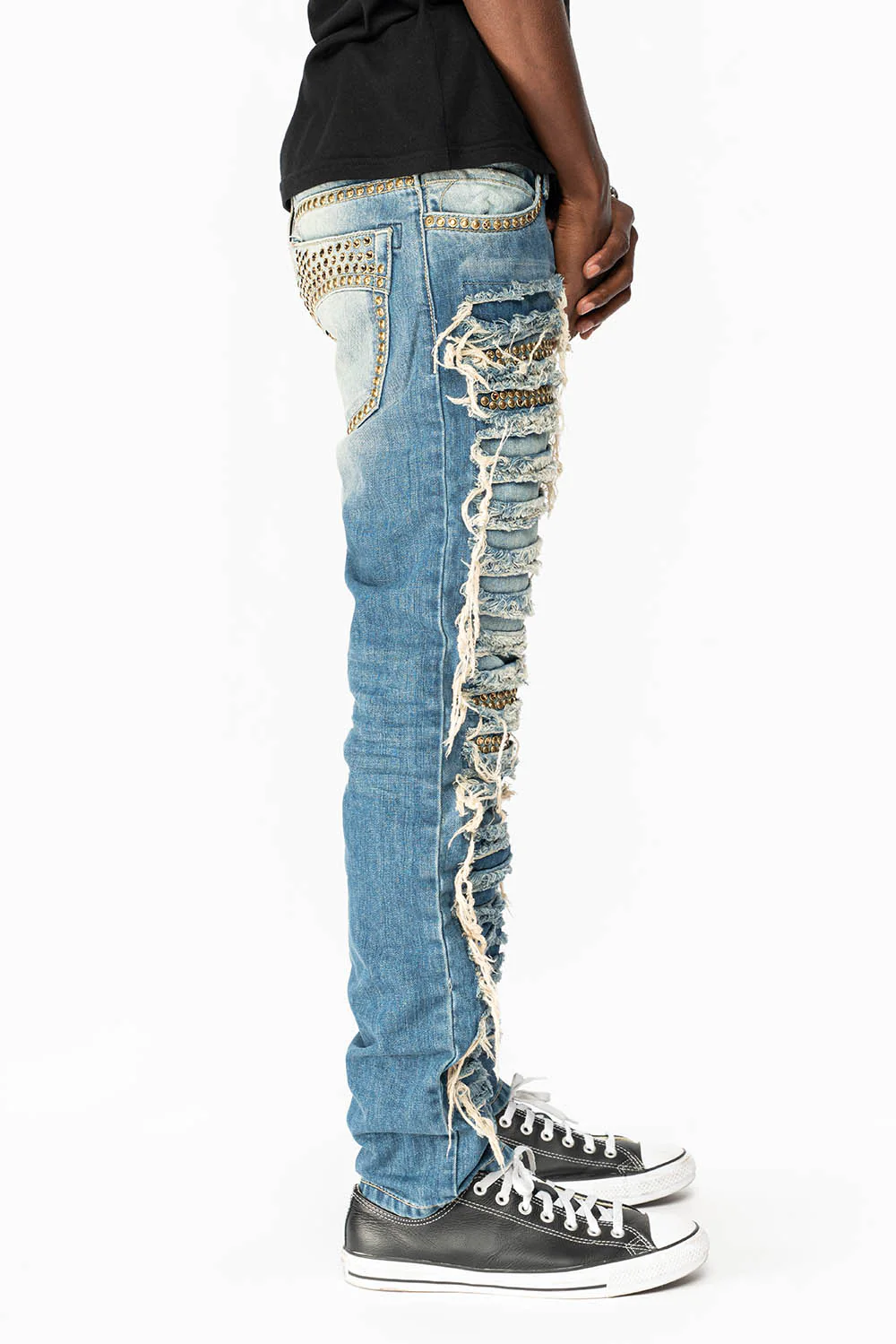 MARLON RIPPED,BROKEN HAND REPAIRED DENIM JEANS IN MANDAN BLUE WITH SMOKEY TOPAZ CRYSTALS AND  NAILHEADS - Image 3