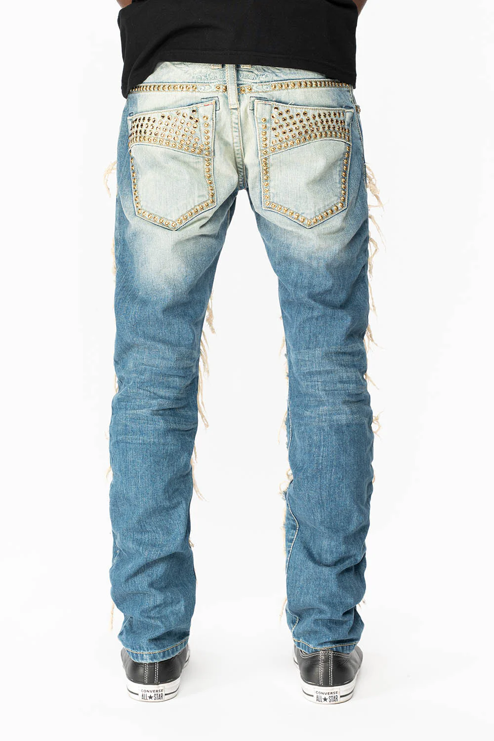 MARLON RIPPED,BROKEN HAND REPAIRED DENIM JEANS IN MANDAN BLUE WITH SMOKEY TOPAZ CRYSTALS AND  NAILHEADS - Image 4