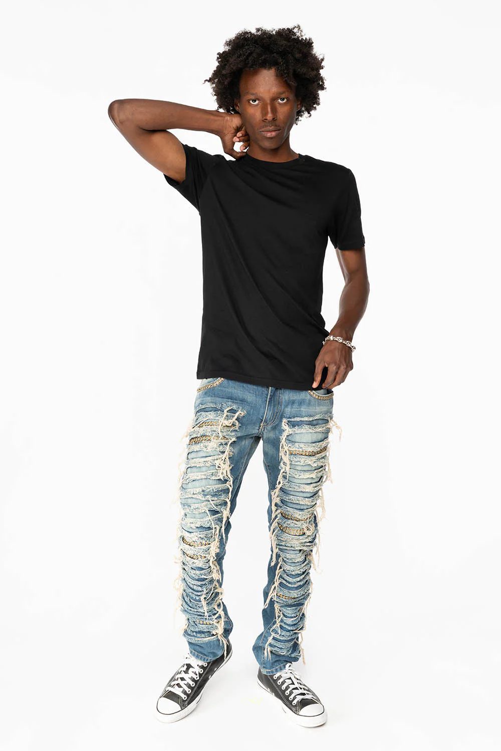 MARLON RIPPED,BROKEN HAND REPAIRED DENIM JEANS IN MANDAN BLUE WITH SMOKEY TOPAZ CRYSTALS AND  NAILHEADS - Image 5
