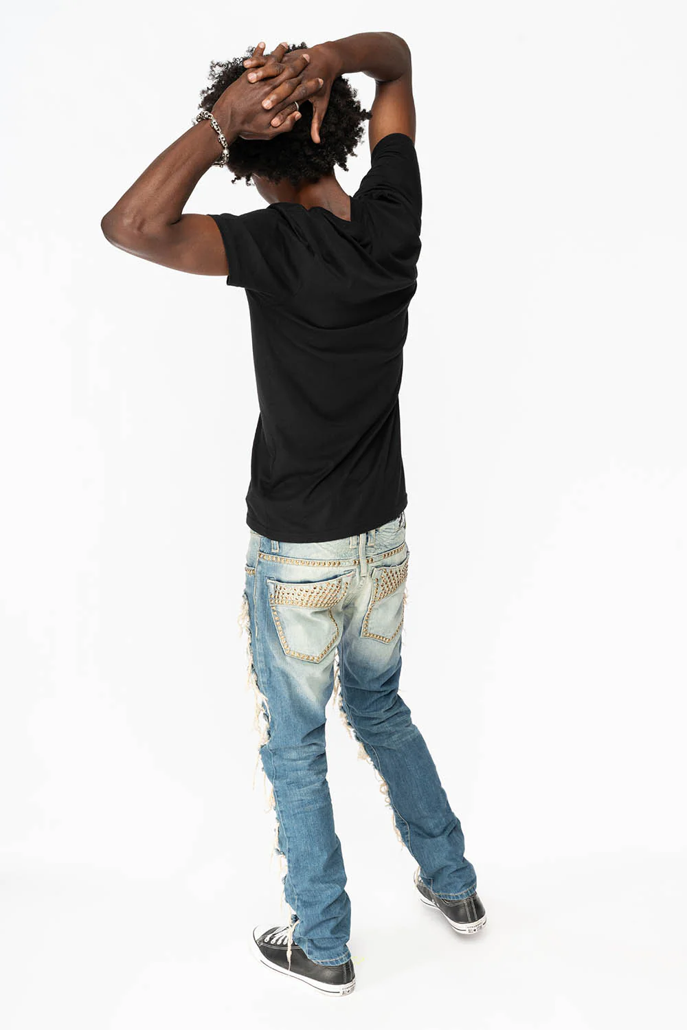 MARLON RIPPED,BROKEN HAND REPAIRED DENIM JEANS IN MANDAN BLUE WITH SMOKEY TOPAZ CRYSTALS AND  NAILHEADS - Image 7
