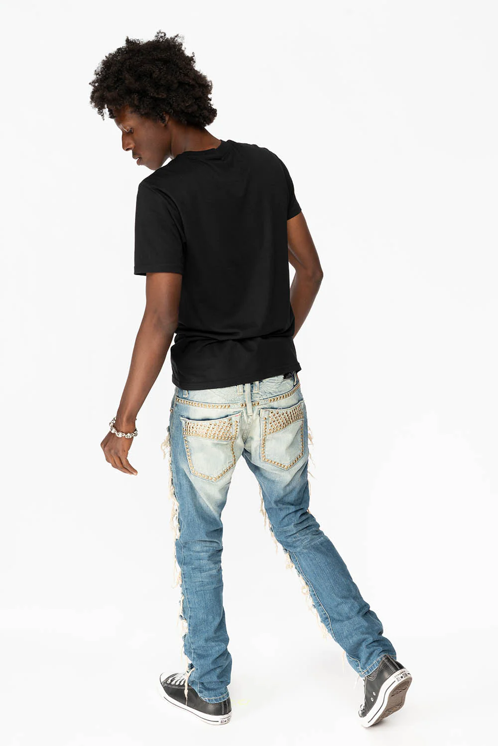 MARLON RIPPED,BROKEN HAND REPAIRED DENIM JEANS IN MANDAN BLUE WITH SMOKEY TOPAZ CRYSTALS AND  NAILHEADS - Image 8