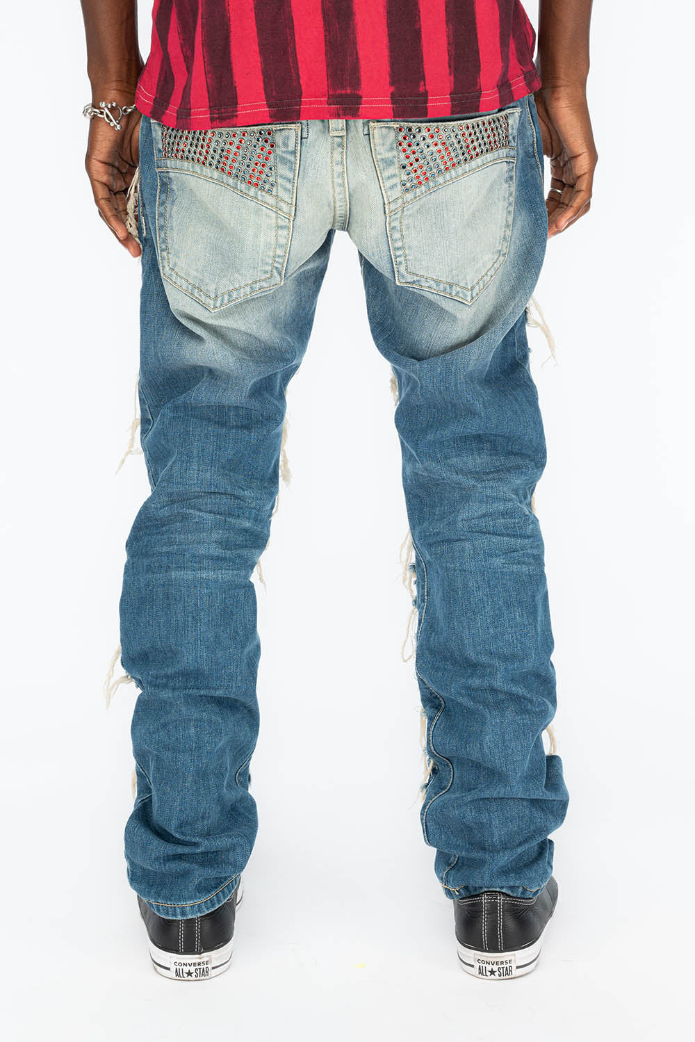MARLON RIPPED,BROKEN HAND REPAIRED DENIM JEANS IN  MANDAN BLUE WITH STUDS AND CRYSTALS - Image 3