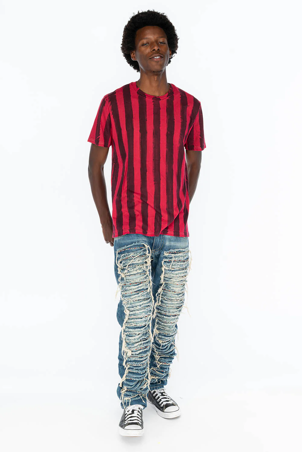 MARLON RIPPED,BROKEN HAND REPAIRED DENIM JEANS IN  MANDAN BLUE WITH STUDS AND CRYSTALS - Image 4