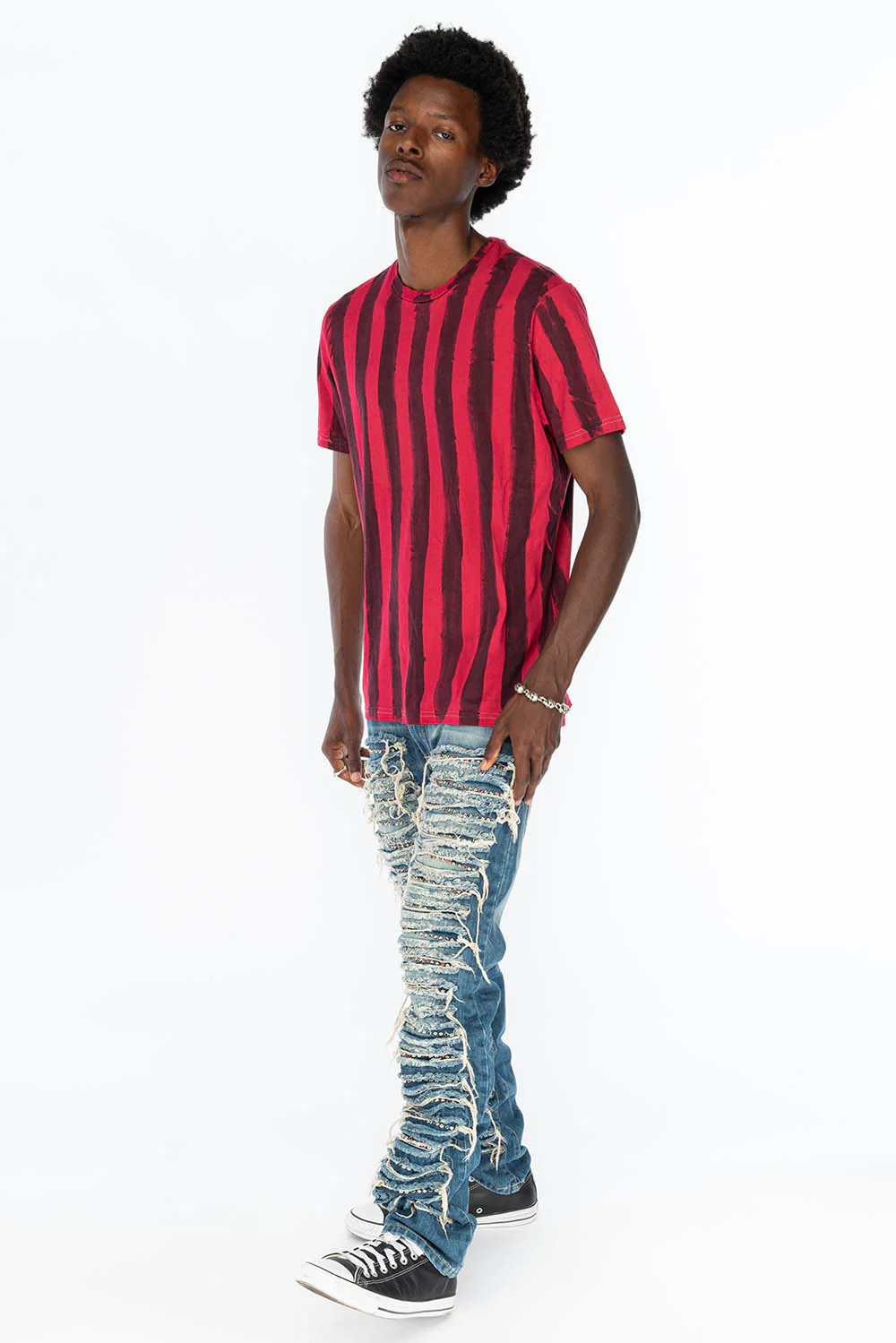 MARLON RIPPED,BROKEN HAND REPAIRED DENIM JEANS IN  MANDAN BLUE WITH STUDS AND CRYSTALS - Image 5