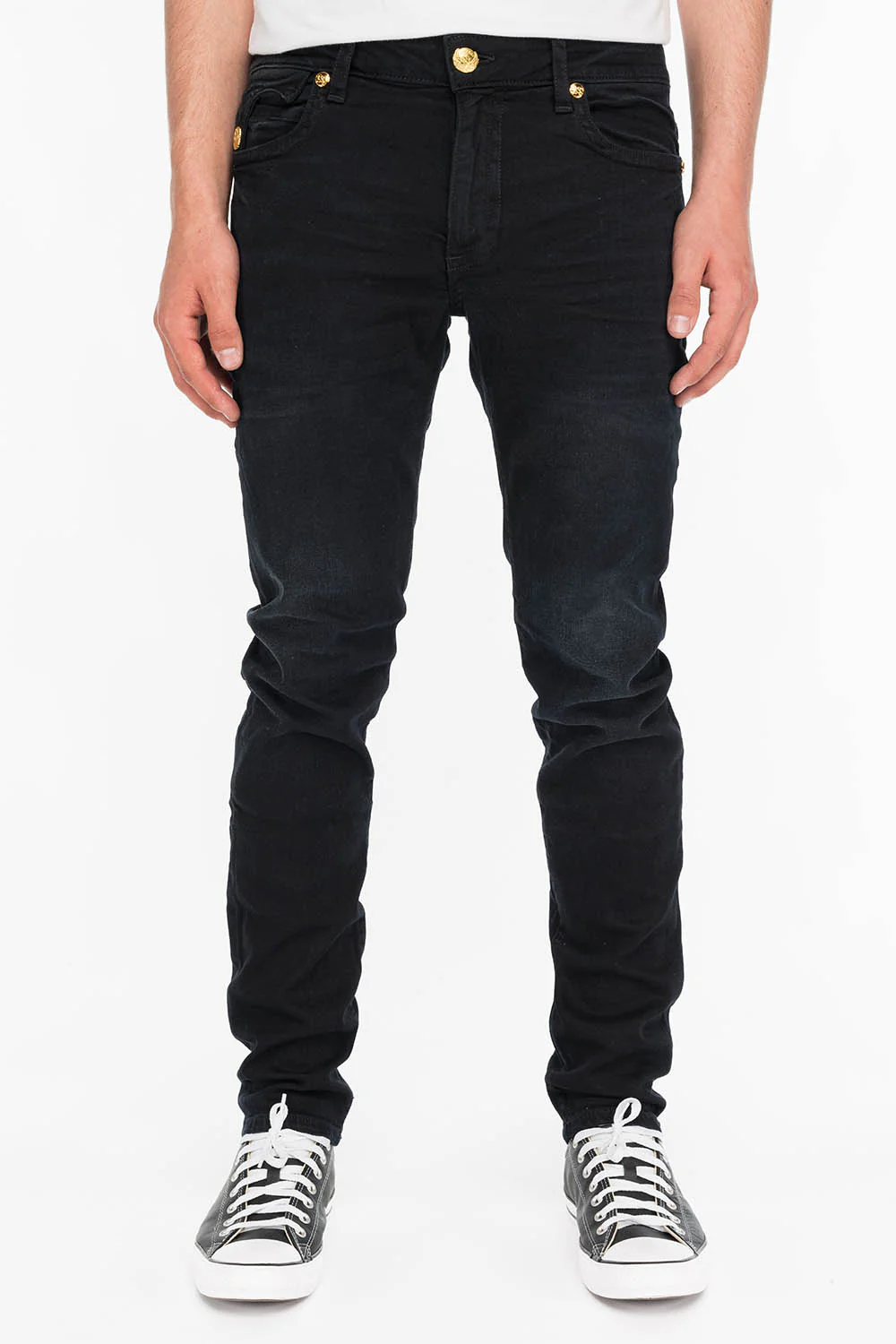 KILLER FLAP MENS SKINNY JEANS IN F_UP BLACK WITH GOLD O.E. LOGO - Image 3