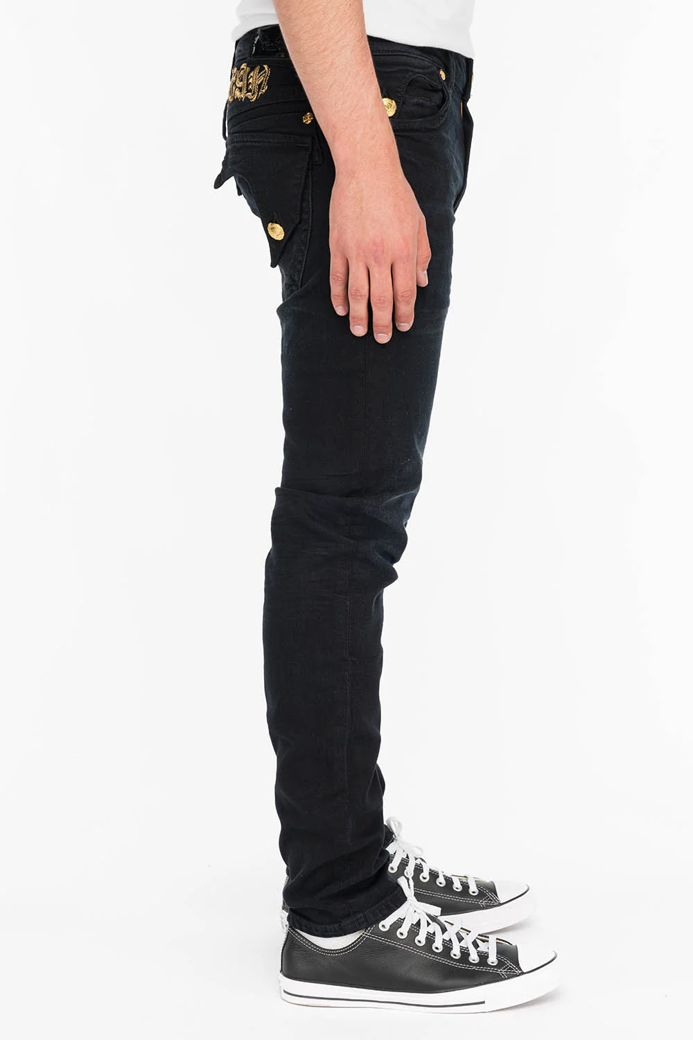 KILLER FLAP MENS SKINNY JEANS IN F_UP BLACK WITH GOLD O.E. LOGO - Image 4