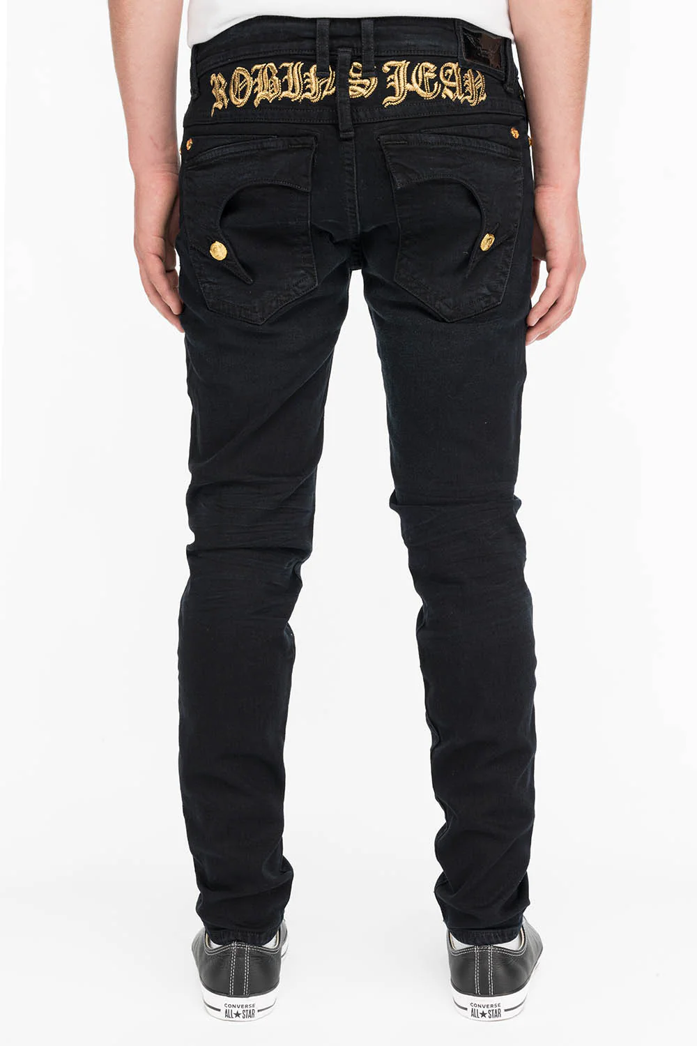 KILLER FLAP MENS SKINNY JEANS IN F_UP BLACK WITH GOLD O.E. LOGO - Image 5