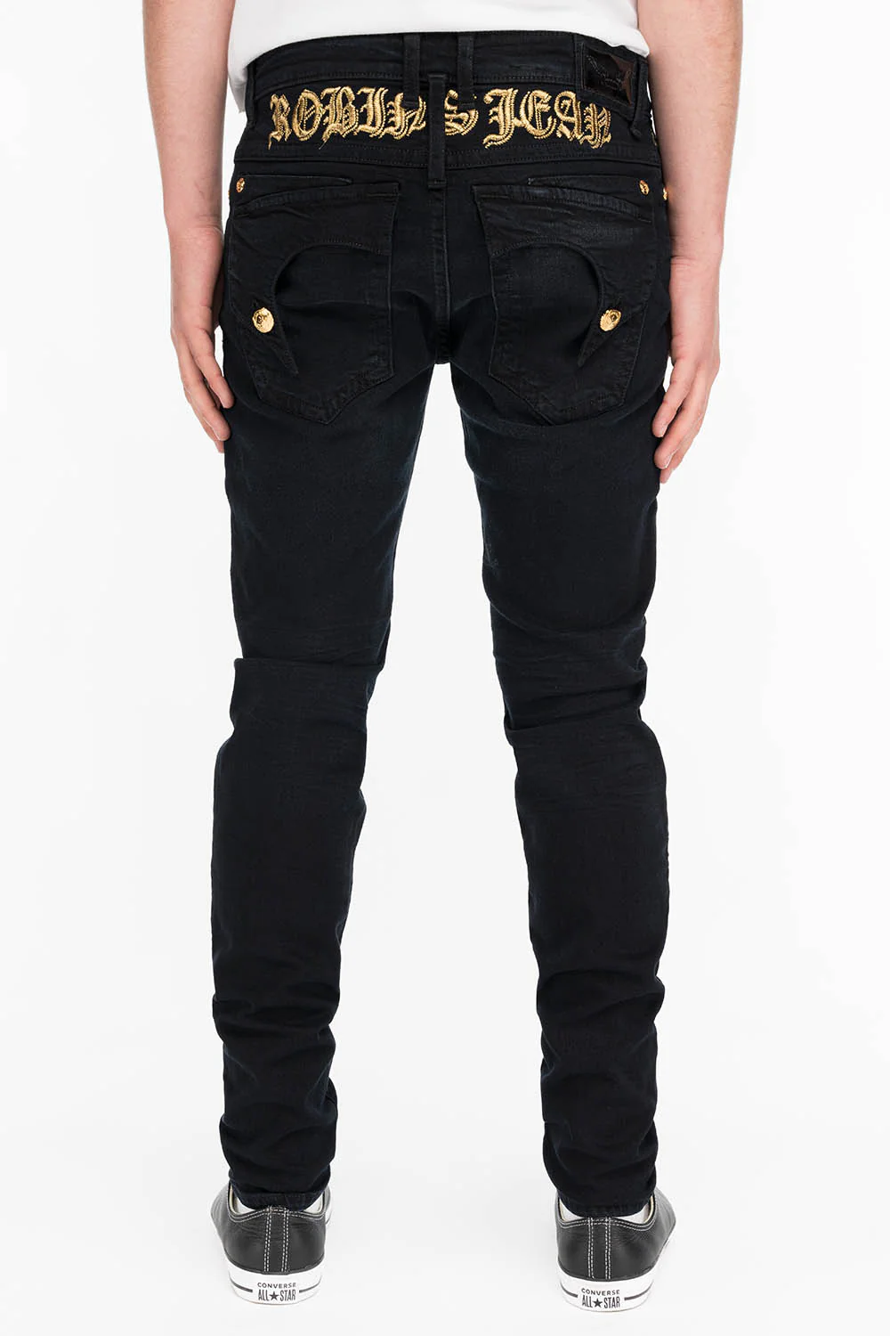 KILLER FLAP MENS SKINNY JEANS IN BLACK WITH GOLD O.E. LOGO - Image 3