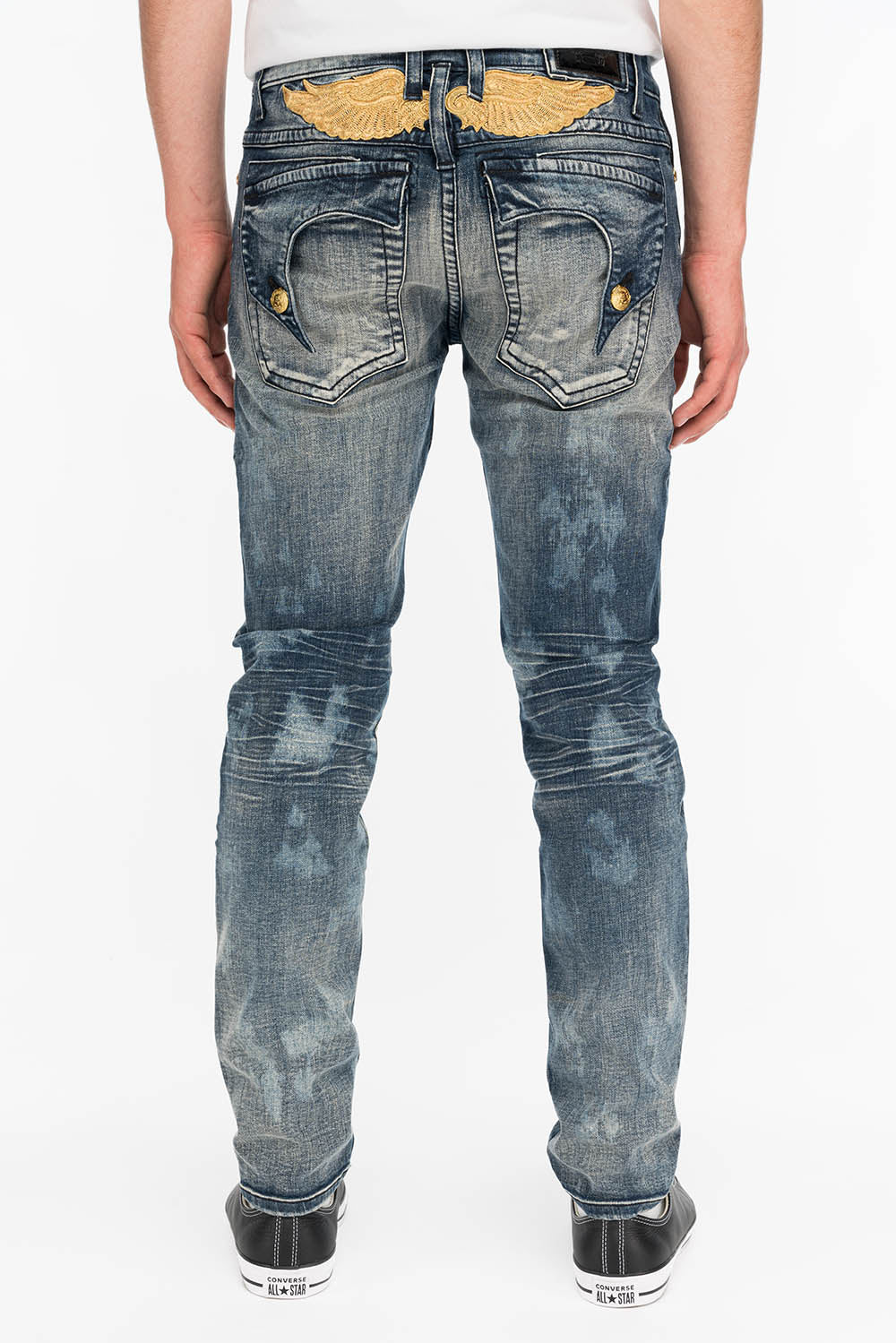 KILLER FLAP MENS SKINNY JEANS IN NEW JAPAN MEDIUM DARK WITH GOLD WINGS - Image 3