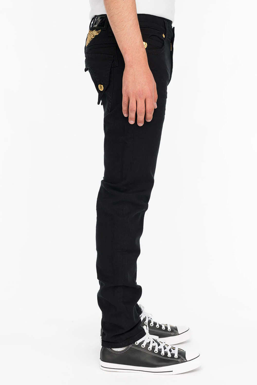 KILLER FLAP MENS SKINNY JEANS IN BLACK WITH GOLD WINGS - Image 3