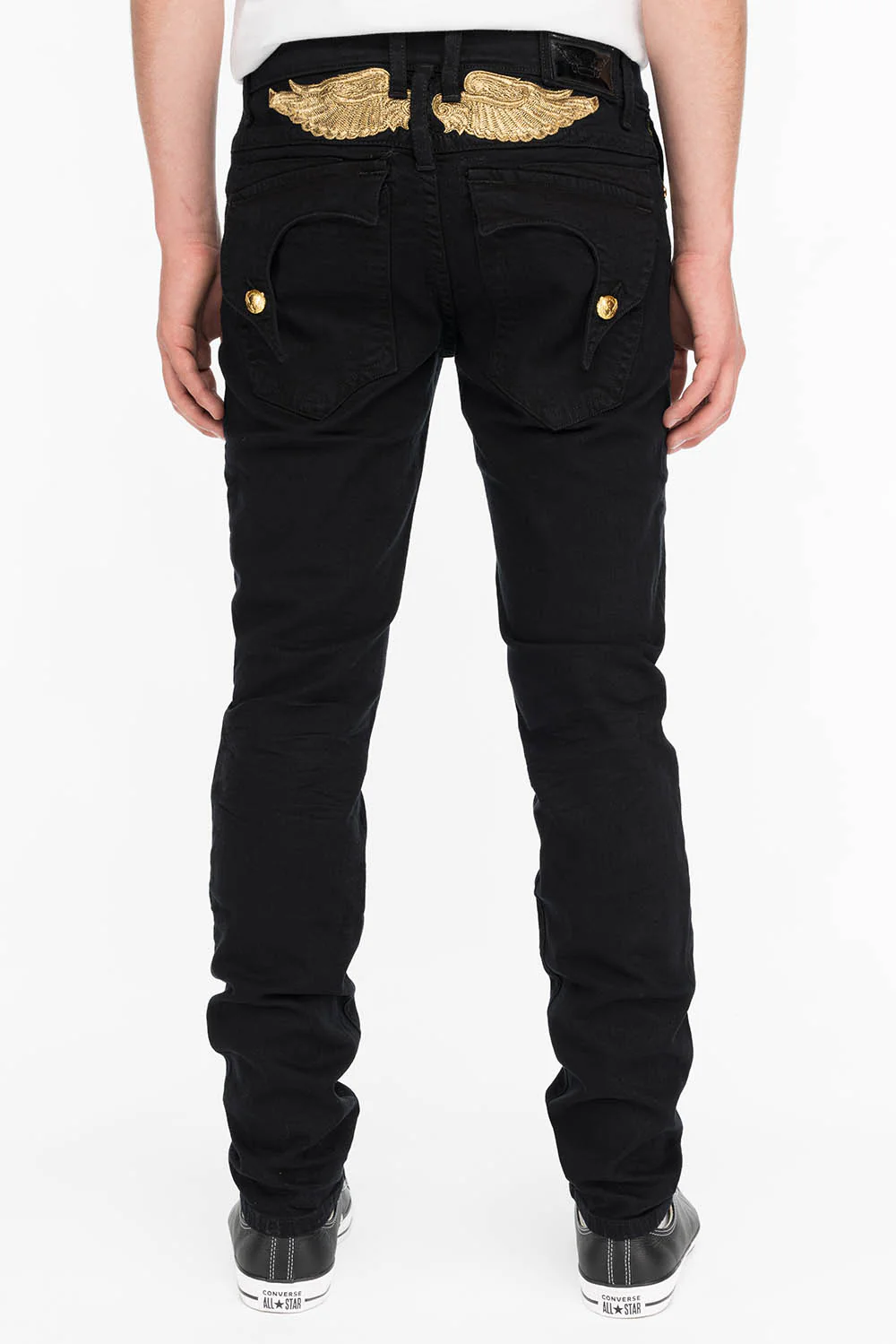 KILLER FLAP MENS SKINNY JEANS IN BLACK WITH GOLD WINGS - Image 4