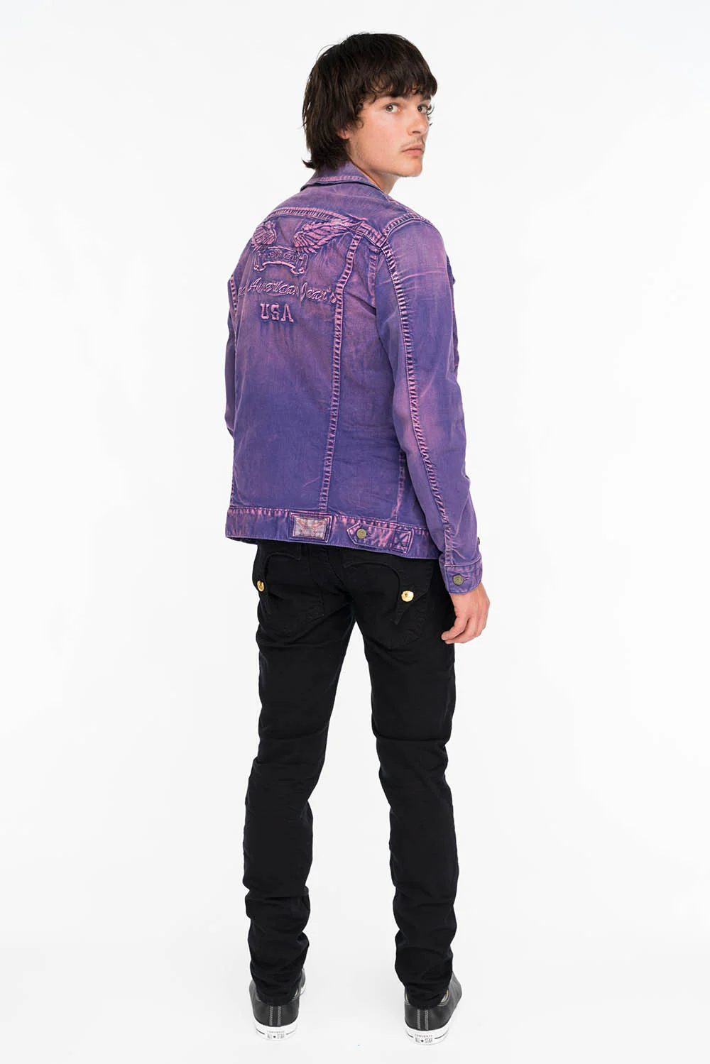 KILLER FLAP MENS SKINNY JEANS IN BLACK WITH GOLD WINGS - Image 5