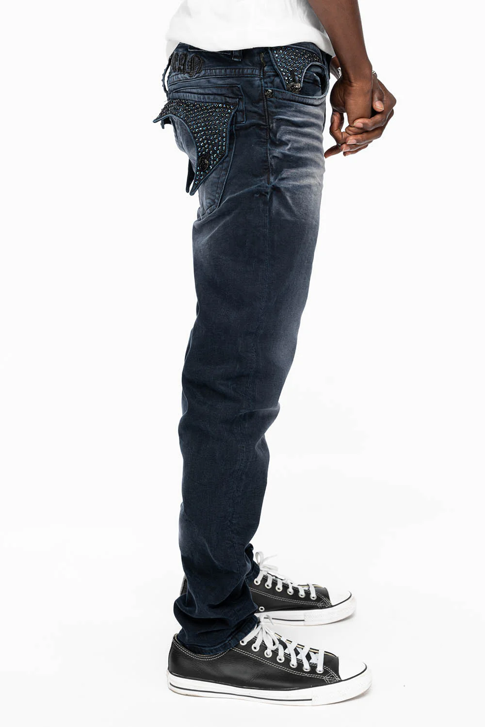 KILLER FLAP MENS SKINNY JEANS IN ANTIQUE PURPLE WITH TONAL WINGS AND FULL CRYSTAL - Image 3