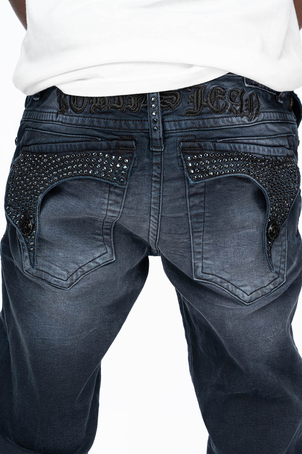 KILLER FLAP MENS SKINNY JEANS IN ANTIQUE PURPLE WITH TONAL WINGS AND FULL CRYSTAL - Image 5