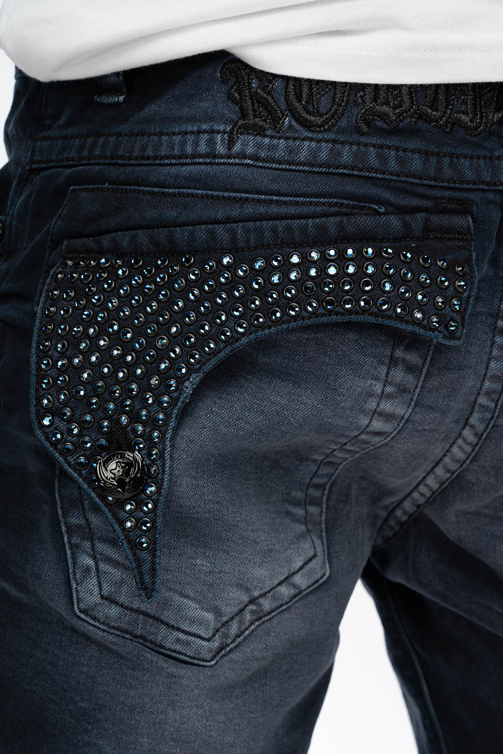 KILLER FLAP MENS SKINNY JEANS IN ANTIQUE PURPLE WITH TONAL WINGS AND FULL CRYSTAL - Image 6