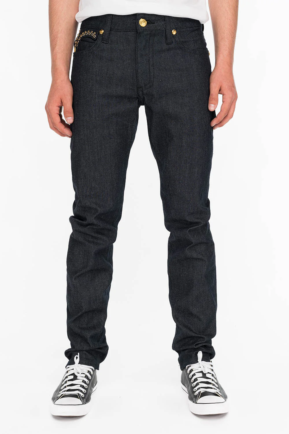 MENS RAW DENIM SLIM FIT KILLER FLAP JEANS WITH O.E. SCRIPT AND CRYSTALS - Image 4