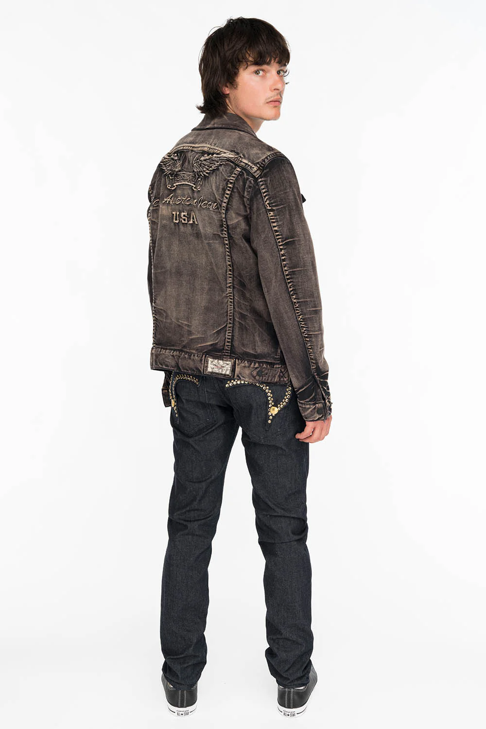 MENS RAW DENIM SLIM FIT KILLER FLAP JEANS WITH O.E. SCRIPT AND CRYSTALS - Image 5