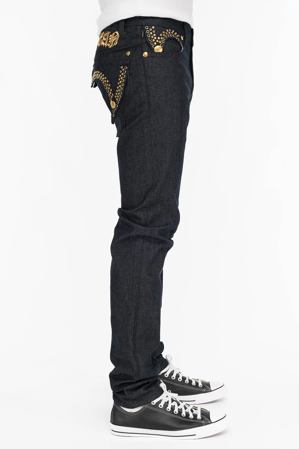 MENS RAW DENIM SLIM FIT KILLER FLAP JEANS WITH GOLD O.E. SCRIPT AND CRYSTALS - Image 3