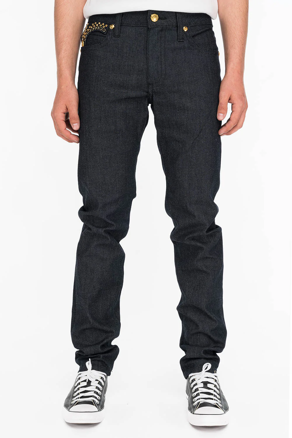 MENS RAW DENIM SLIM FIT KILLER FLAP JEANS WITH GOLD O.E. SCRIPT AND CRYSTALS - Image 4