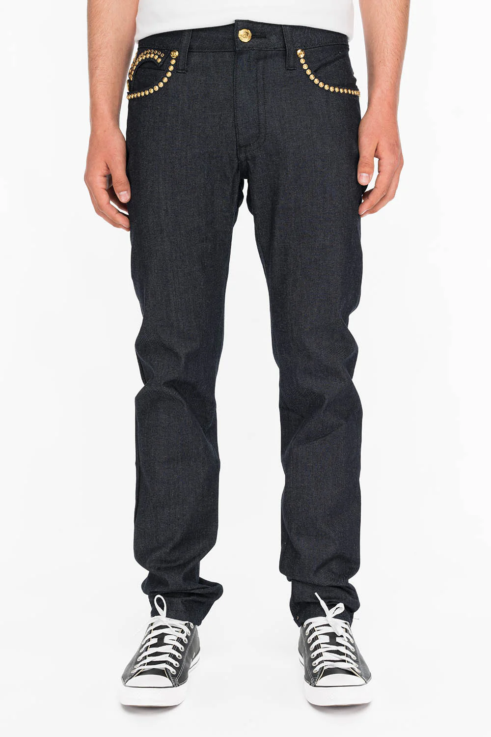 MENS RAW DENIM SLIM FIT KILLER FLAP JEANS WITH O.E. SCRIPT STUDS AND CRYSTALS - Image 3