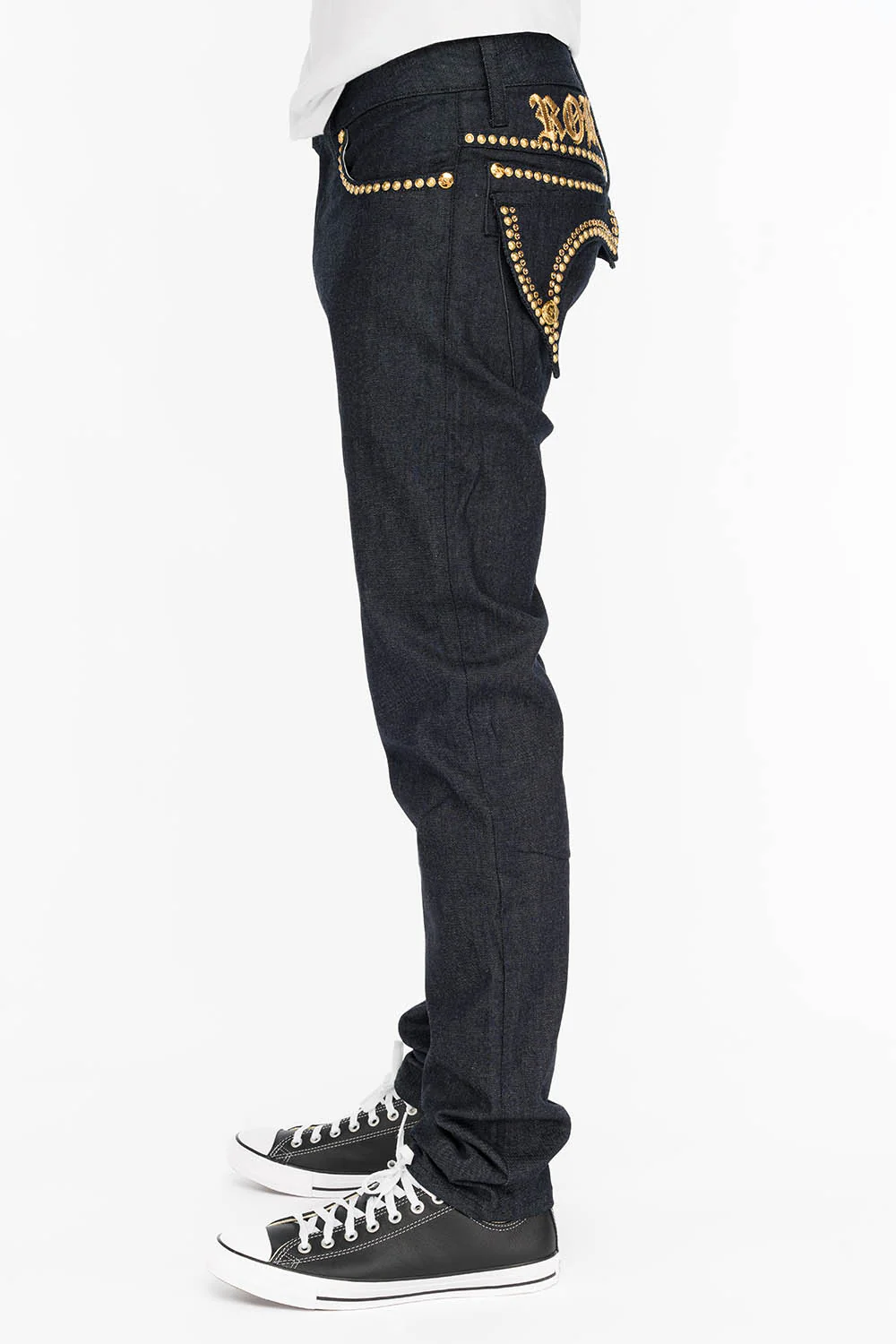 MENS RAW DENIM SLIM FIT KILLER FLAP JEANS WITH O.E. SCRIPT STUDS AND CRYSTALS - Image 4