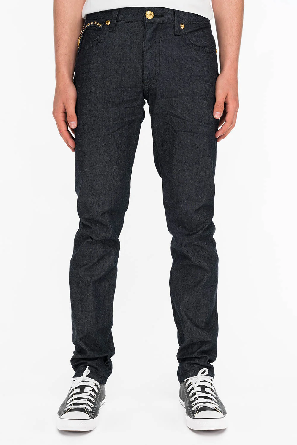 MENS RAW DENIM SLIM FIT KILLER FLAP JEANS WITH GOLD WINGS AND CRYSTALS - Image 3