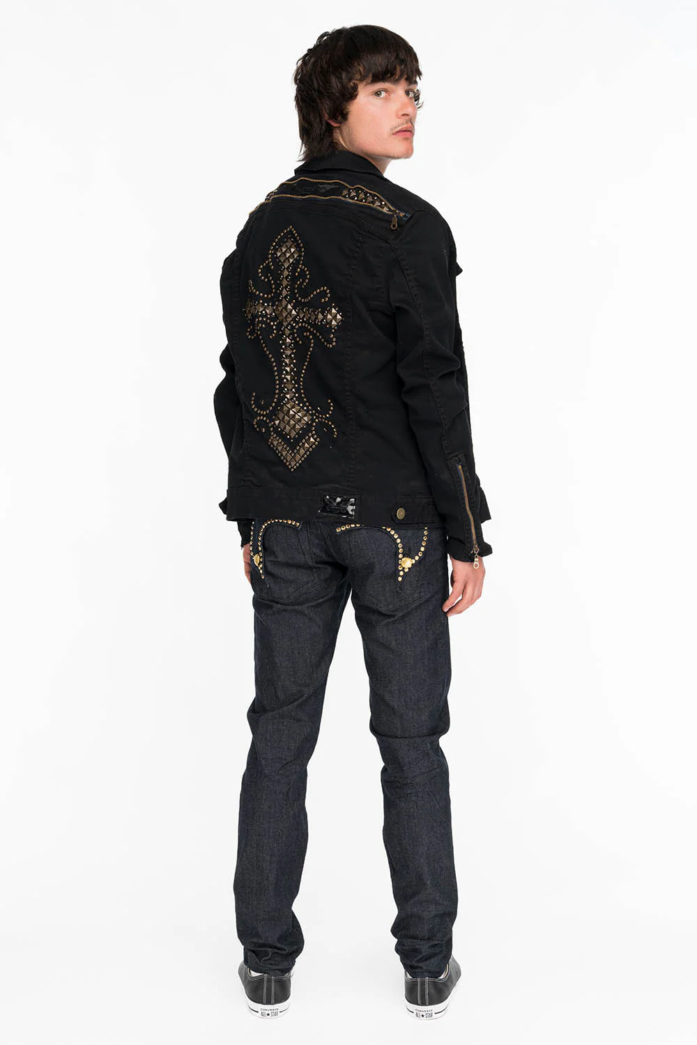 MENS RAW DENIM SLIM FIT KILLER FLAP JEANS WITH GOLD WINGS AND CRYSTALS - Image 5