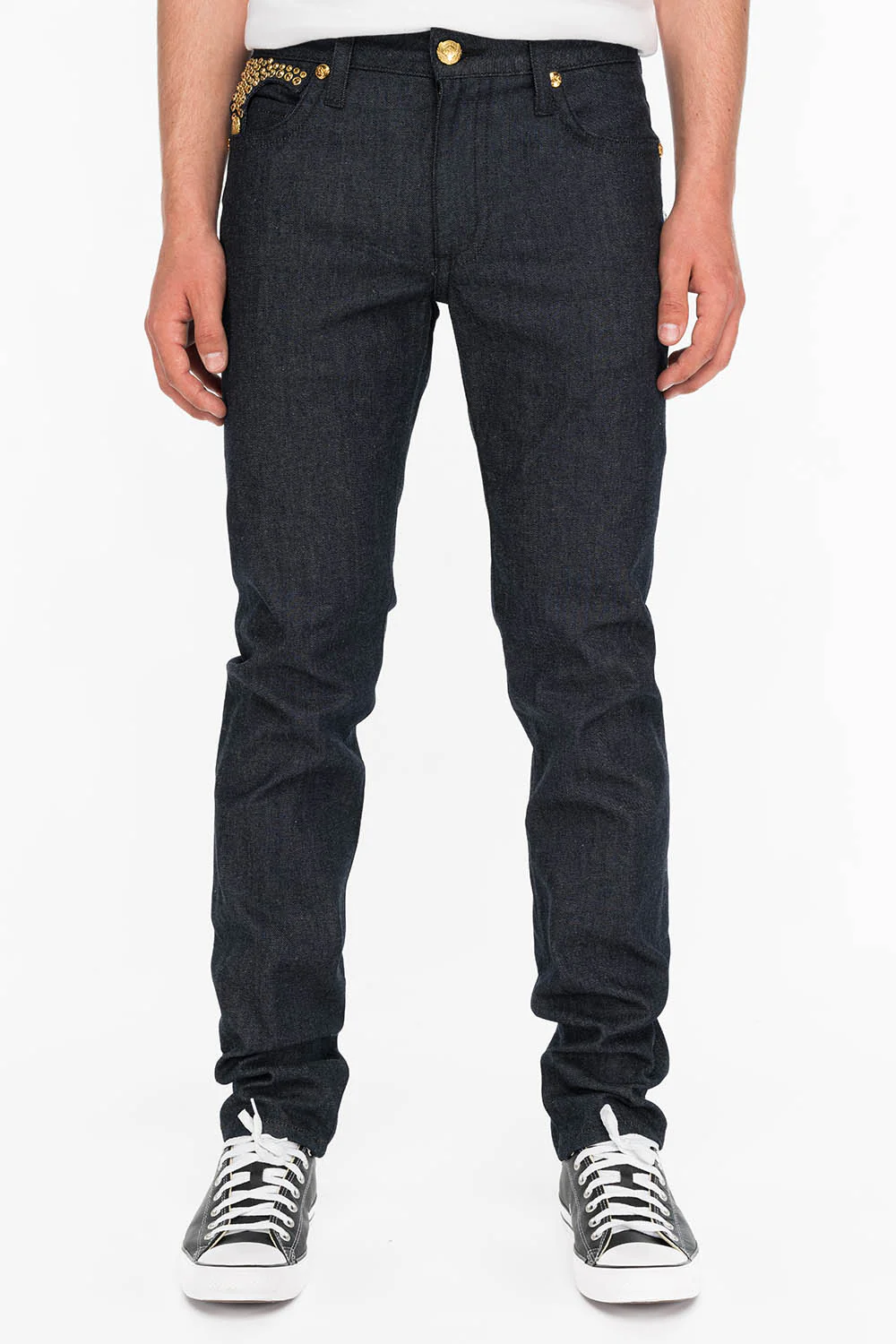 MENS RAW DENIM SLIM FIT KILLER FLAP JEANS WITH GOLD WINGS AND CRYSTALS - Image 3