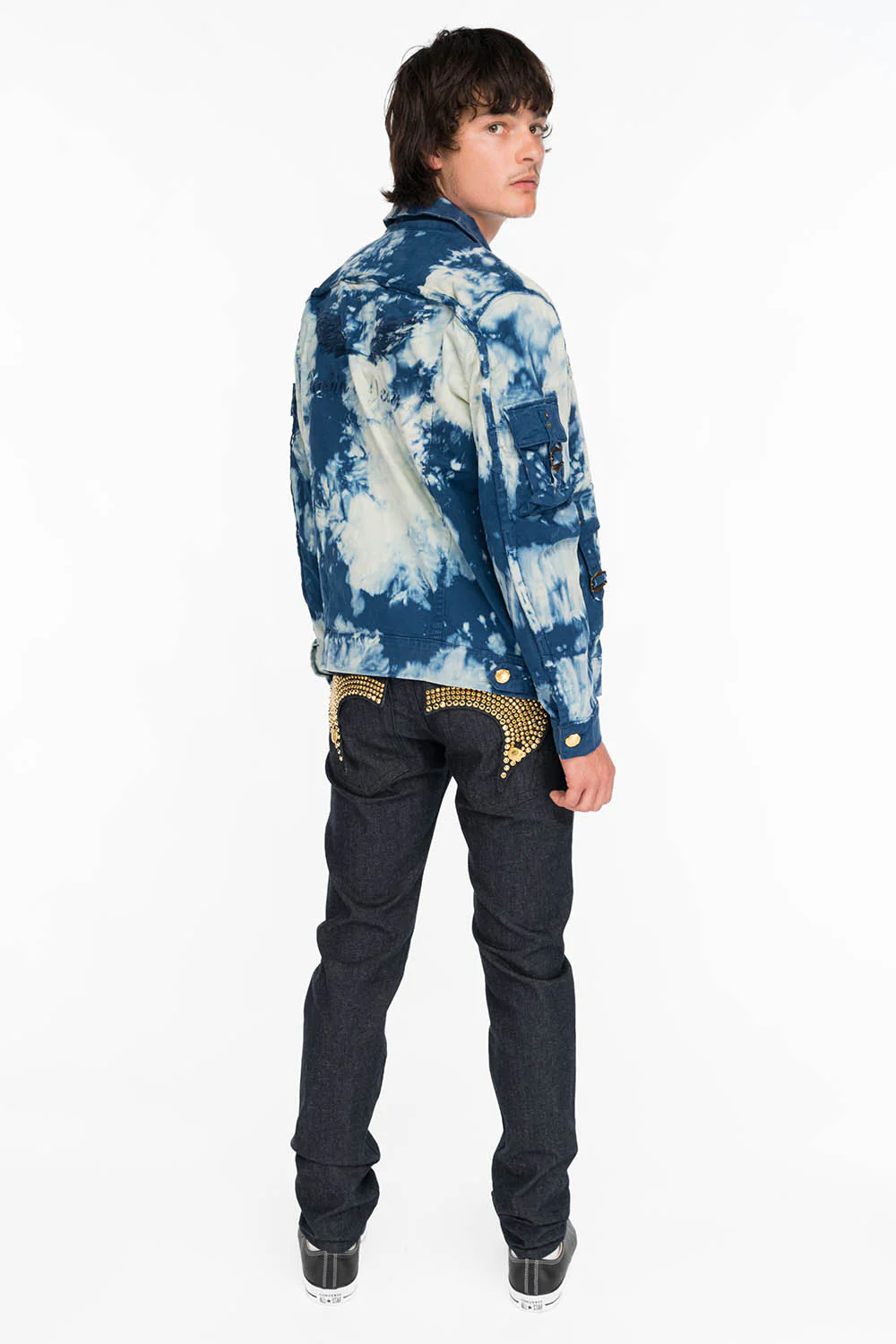 MENS RAW DENIM SLIM FIT KILLER FLAP JEANS WITH GOLD WINGS AND CRYSTALS - Image 5