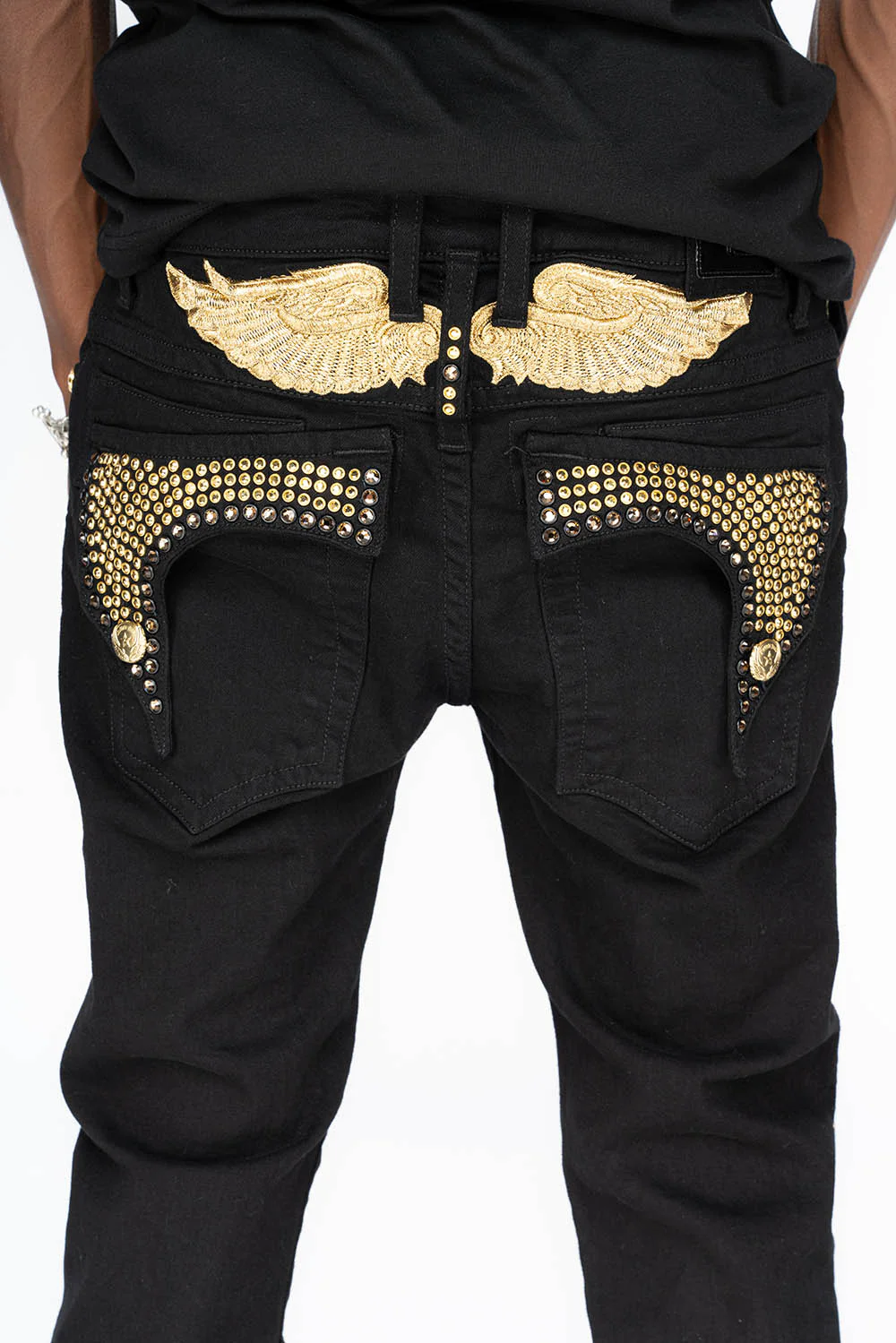 KILLER FLAP MENS SKINNY JEANS IN PURE BLACK WITH GOLD WINGS AND FULL CRYSTAL - Image 3